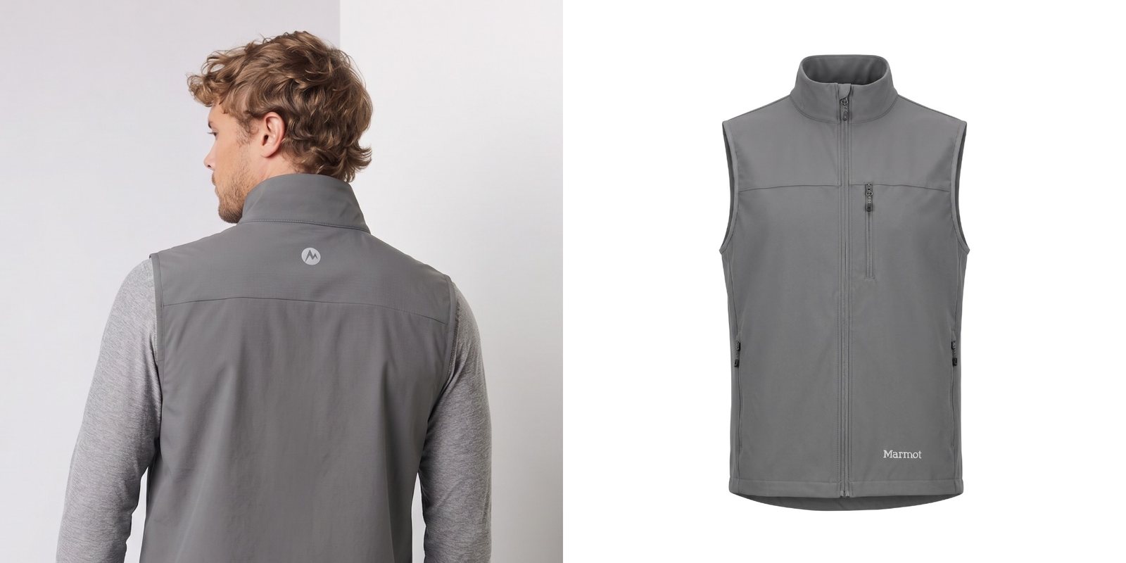Man wearing a gray Marmot softshell vest.