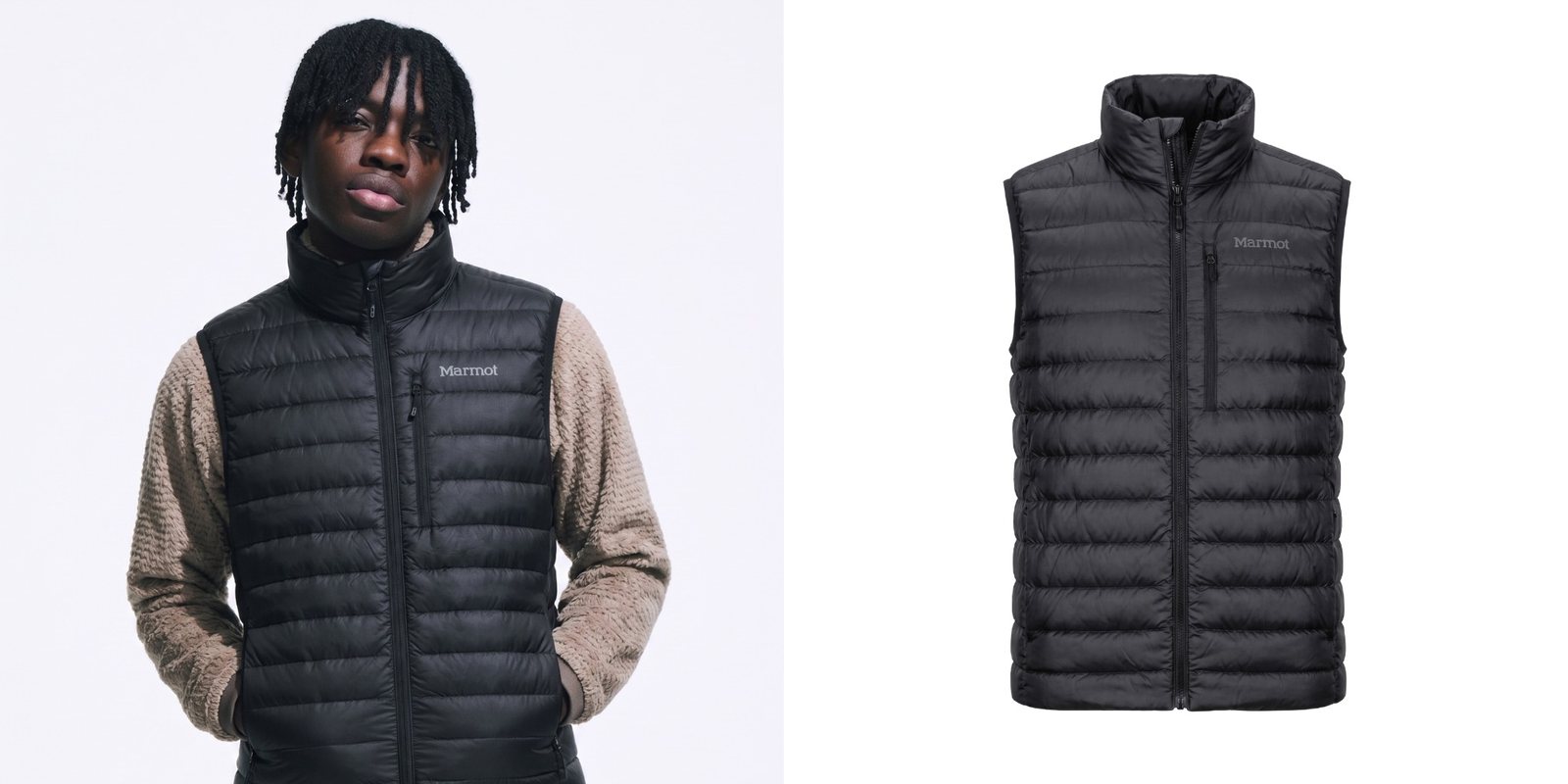 Man wearing a black down puffer vest.