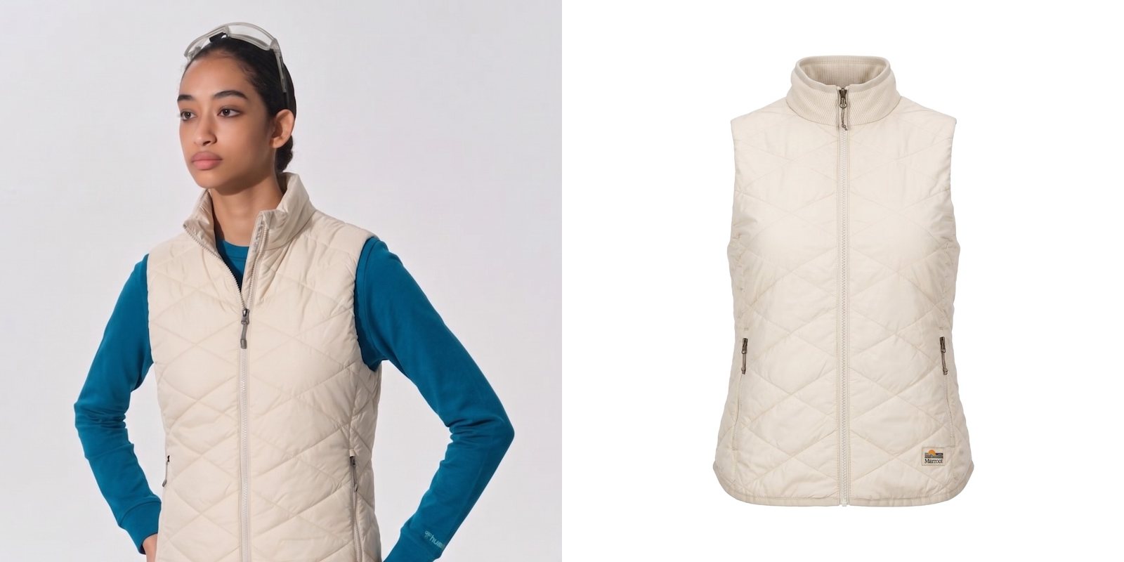Woman wearing a cream Marmot insulated vest.