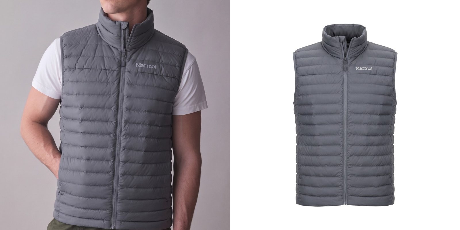 Man wearing a gray Marmot insulated puffer vest.