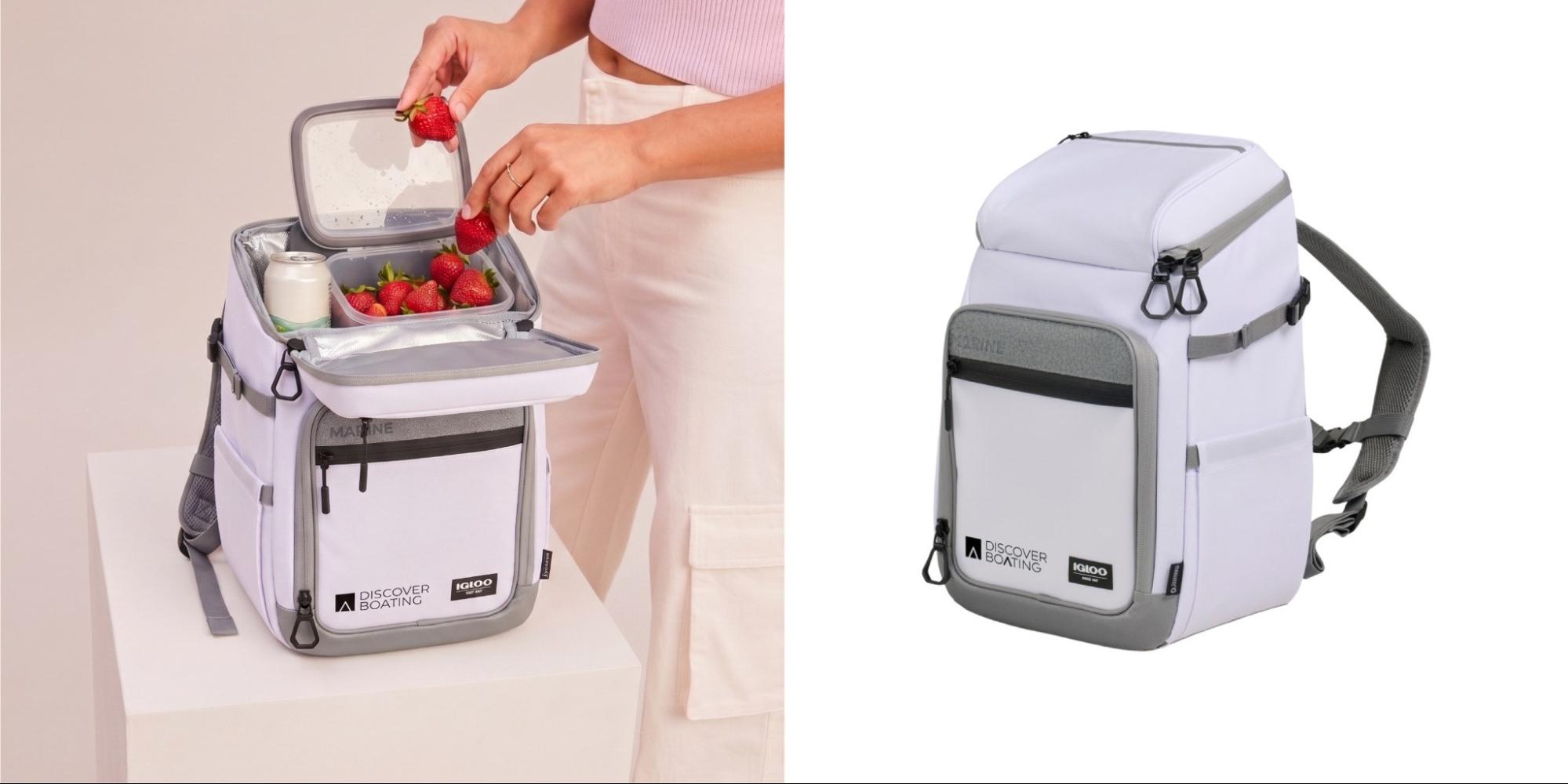 Person packing strawberries into a white Igloo Marine backpack cooler beside the product