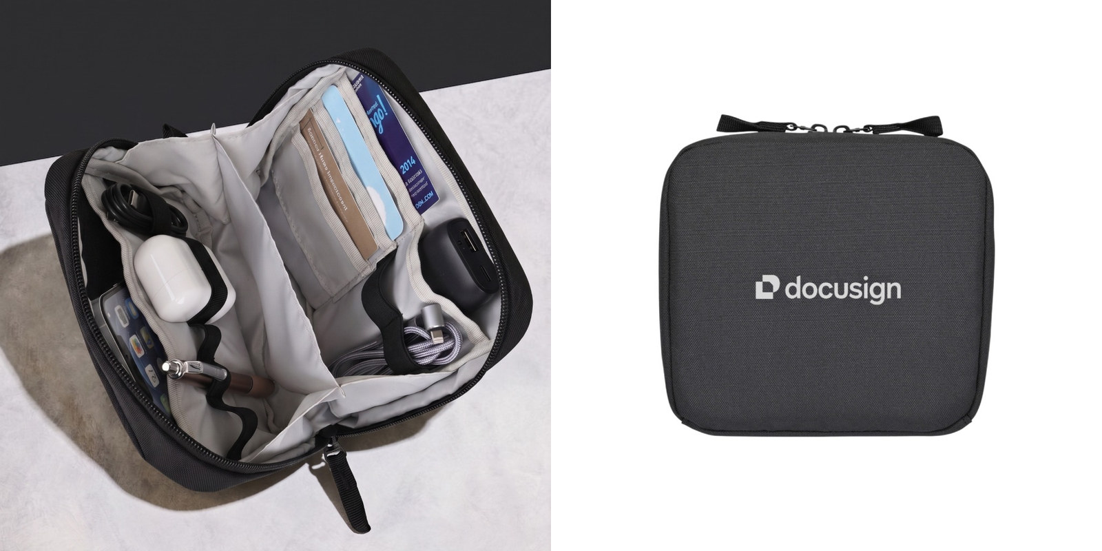 Black recycled rPET tech organizer with compartments for cables, earbuds, a phone and accessories, customized with the DocuSign logo.