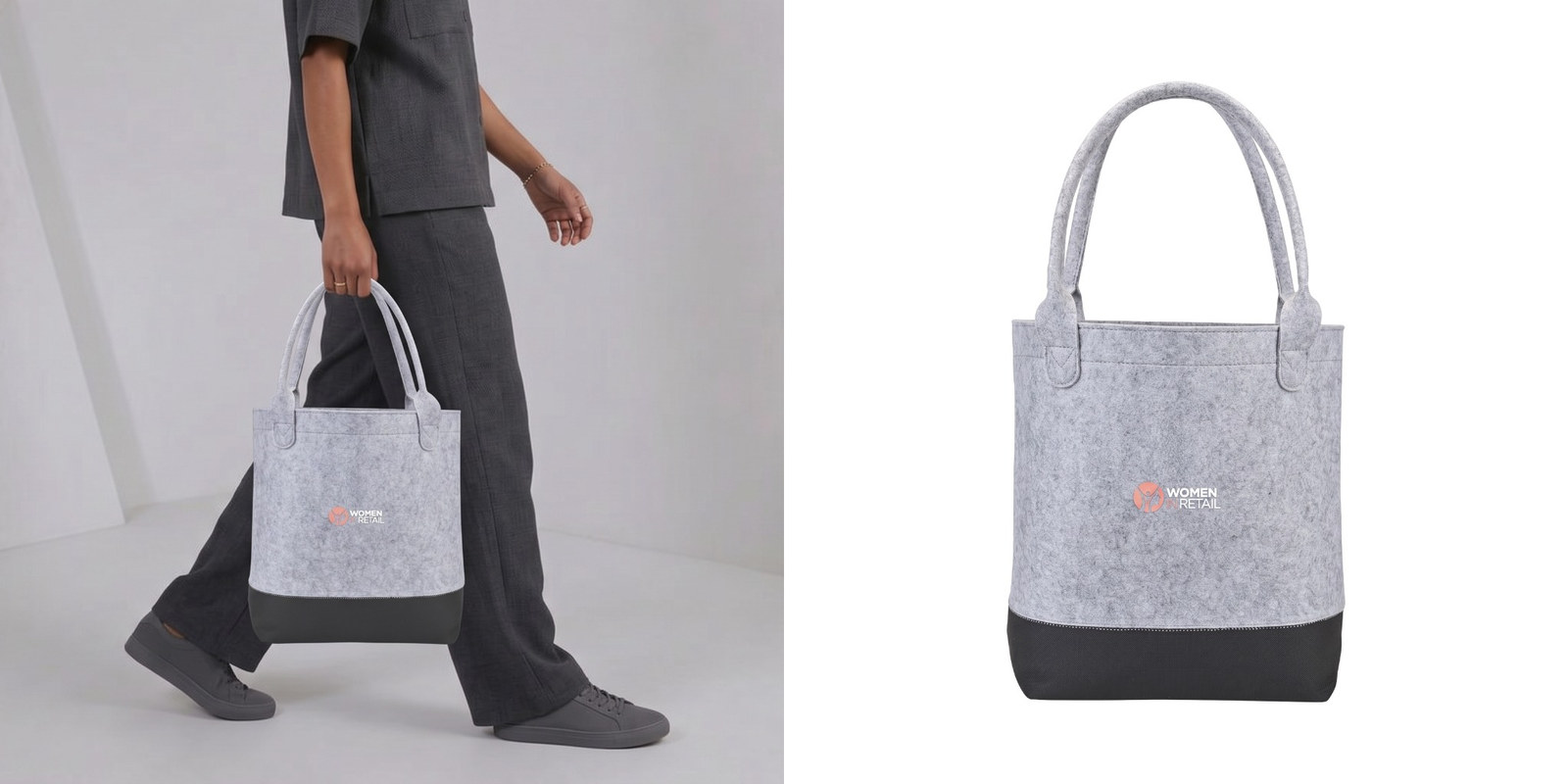 Gray Out of the Woods felt tote bag with a black base, shown being carried and customized with the Women in Retail logo.