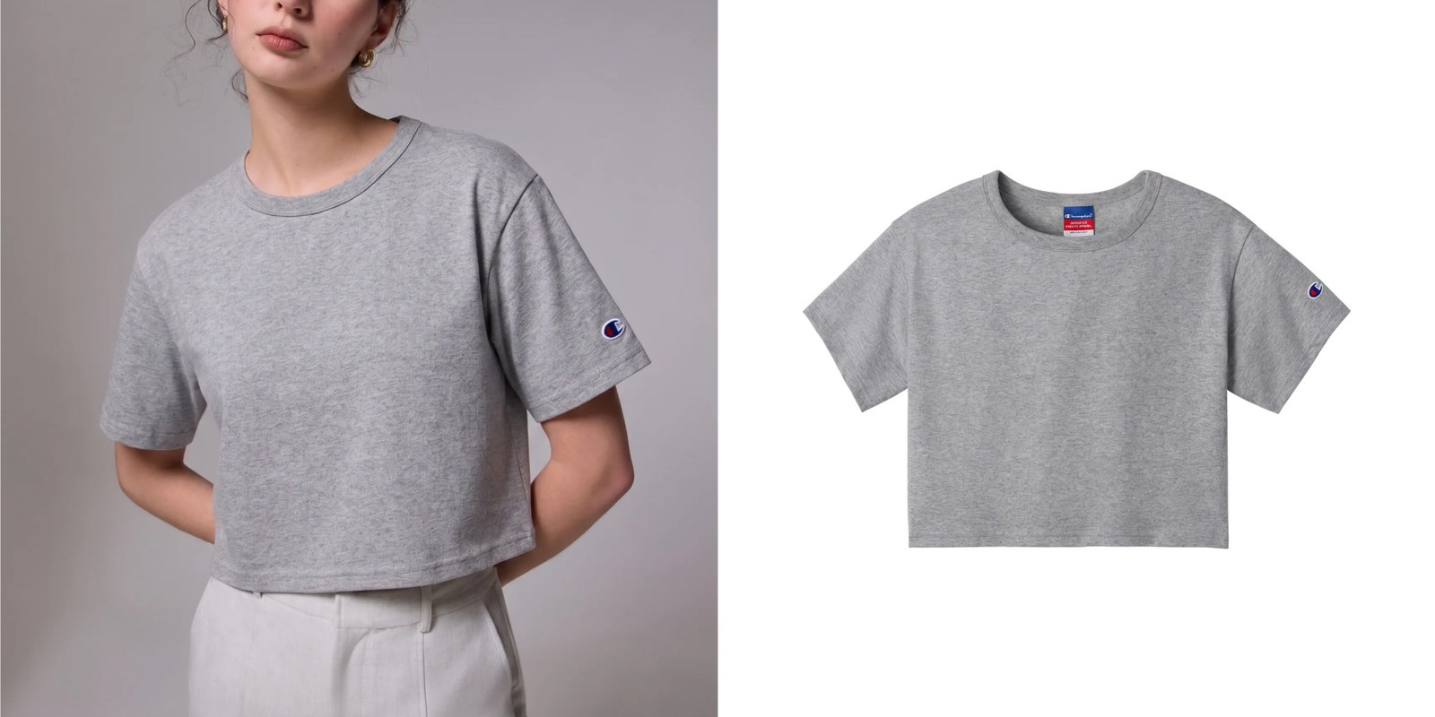 Gray cropped Champion cropped T-shirt shown on a female model and in a standalone product view.