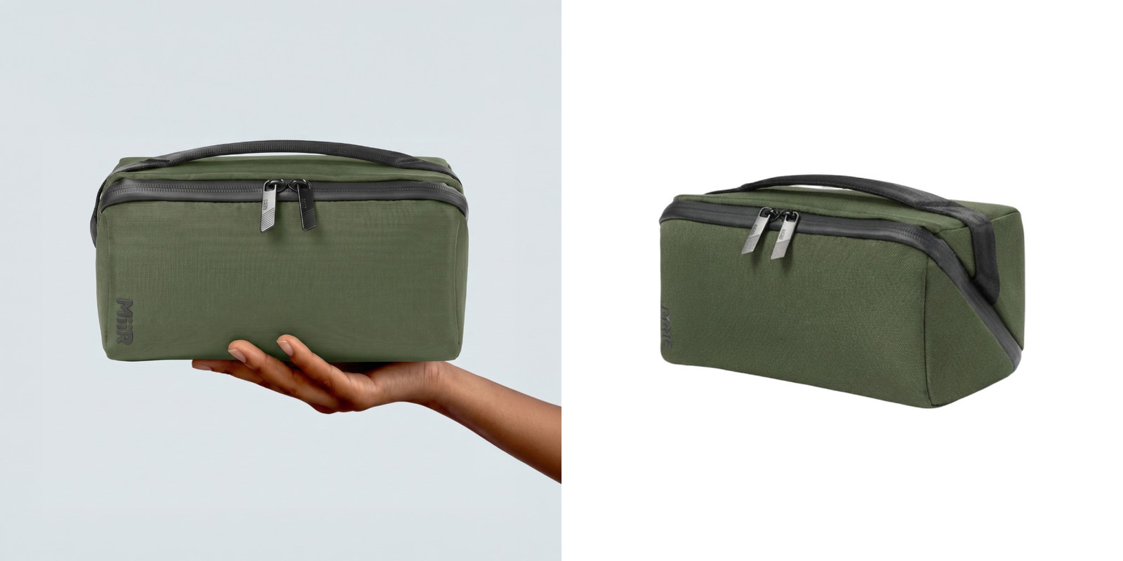 Olive green MiiR travel organizer with a zippered top and carrying handle, shown held in one hand and in a standalone product view.