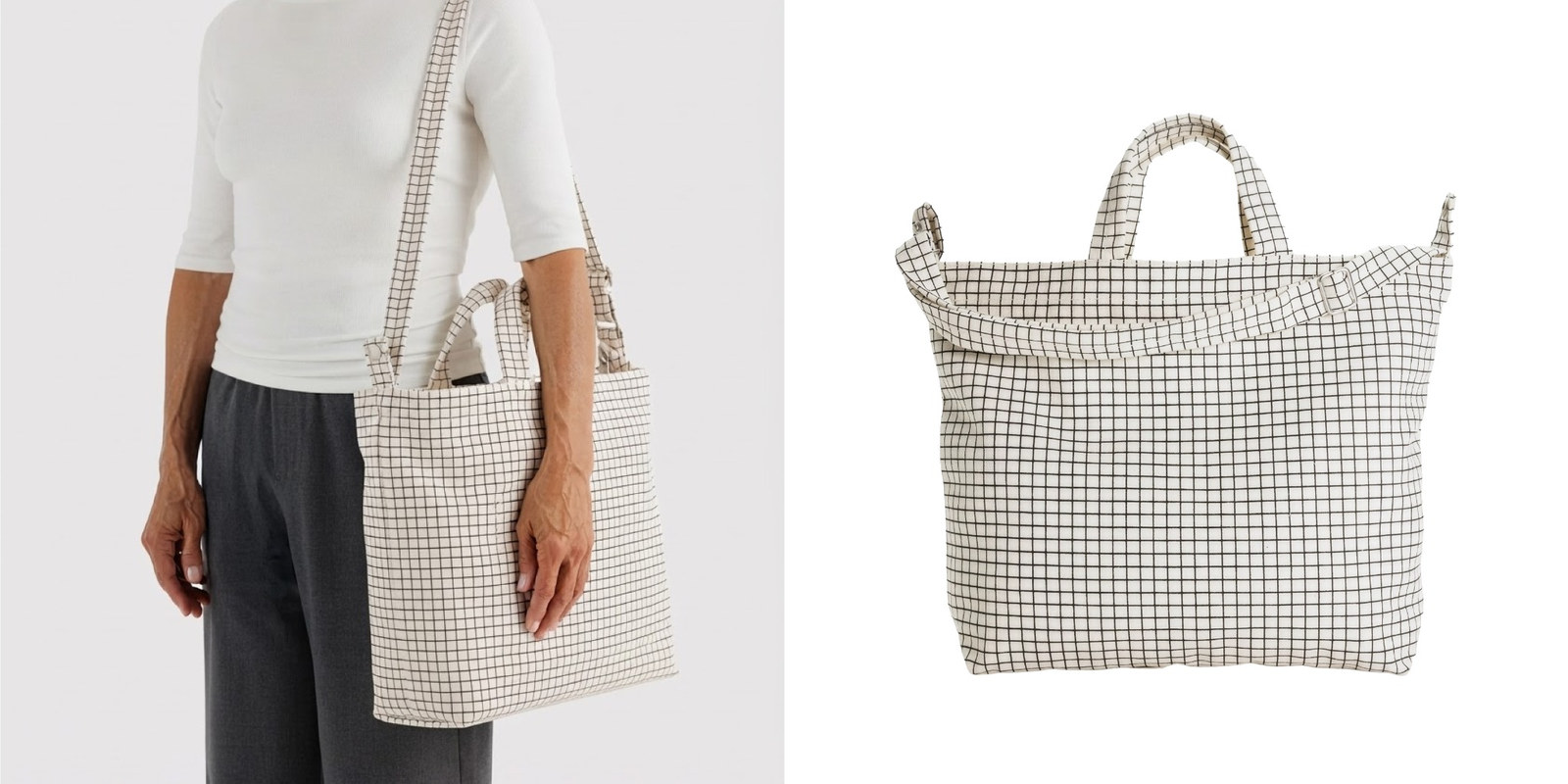Cream Baggu canvas tote with a black grid pattern, top handles and an adjustable shoulder strap.