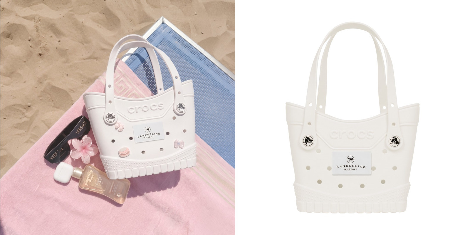 White Crocs Classic tote customized with the Sanderling Resort logo and decorative charms, shown in a beach setting and in a product view.