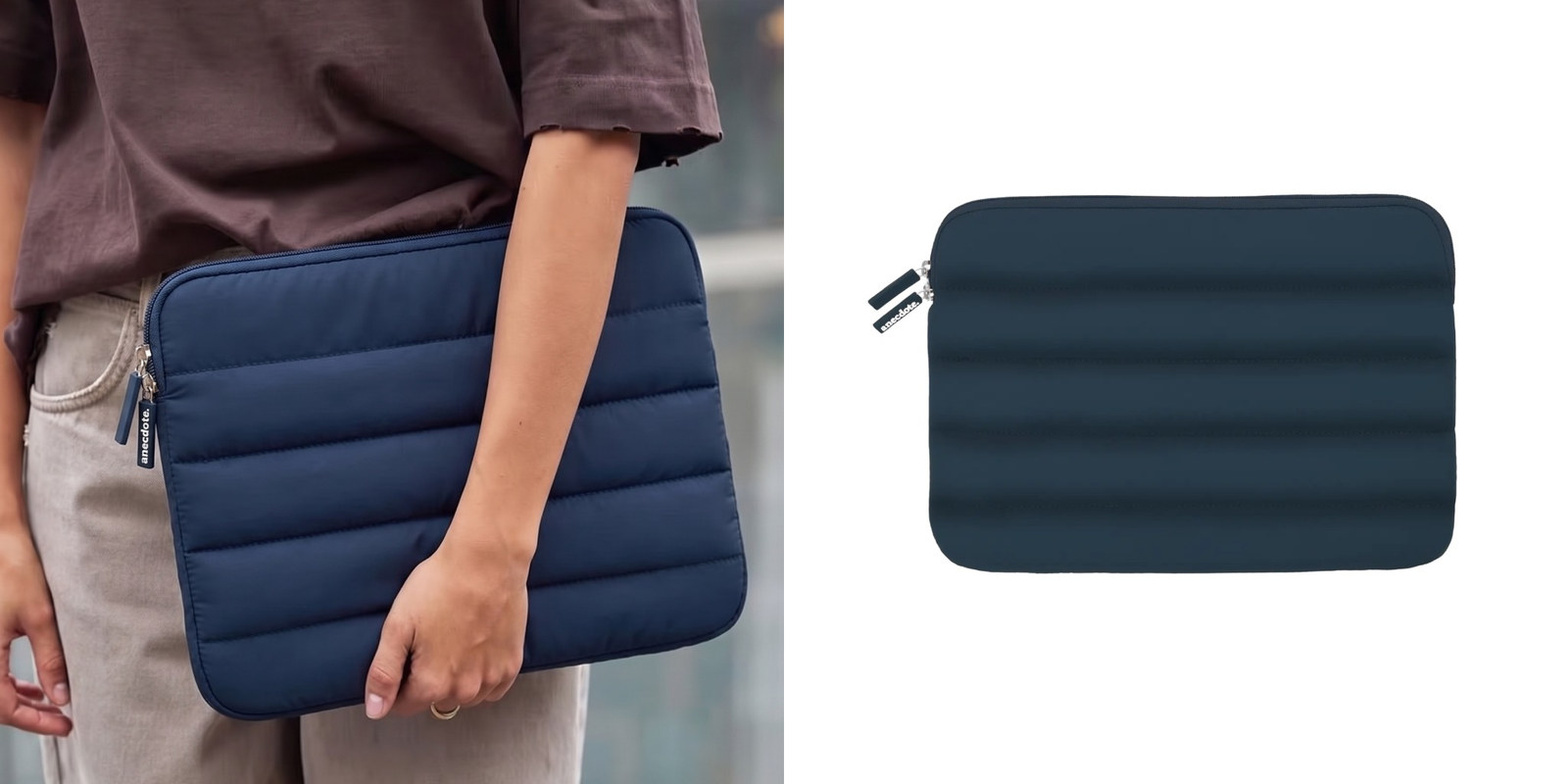 Navy Anecdote Goods puffer laptop sleeve with a zip closure, shown being carried and in a standalone product view.