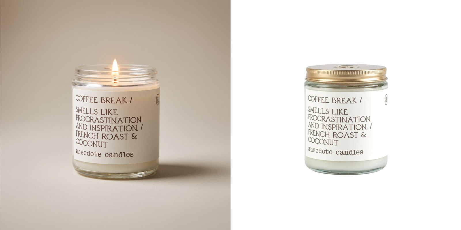 Anecdote Candles Coffee Break candle in a glass jar, shown lit and in a standalone product view.
