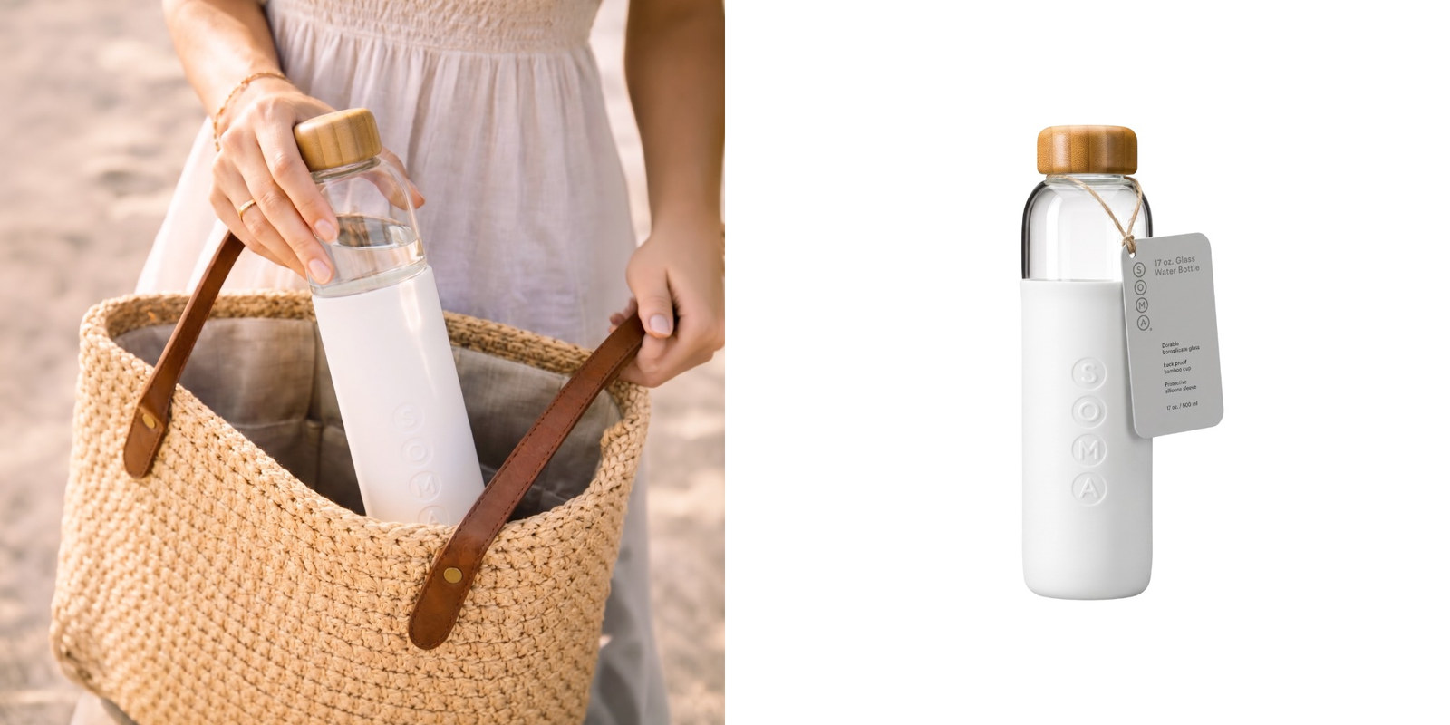 Woman placing a white Soma glass water bottle with a bamboo lid into a woven beach tote, shown beside the product.