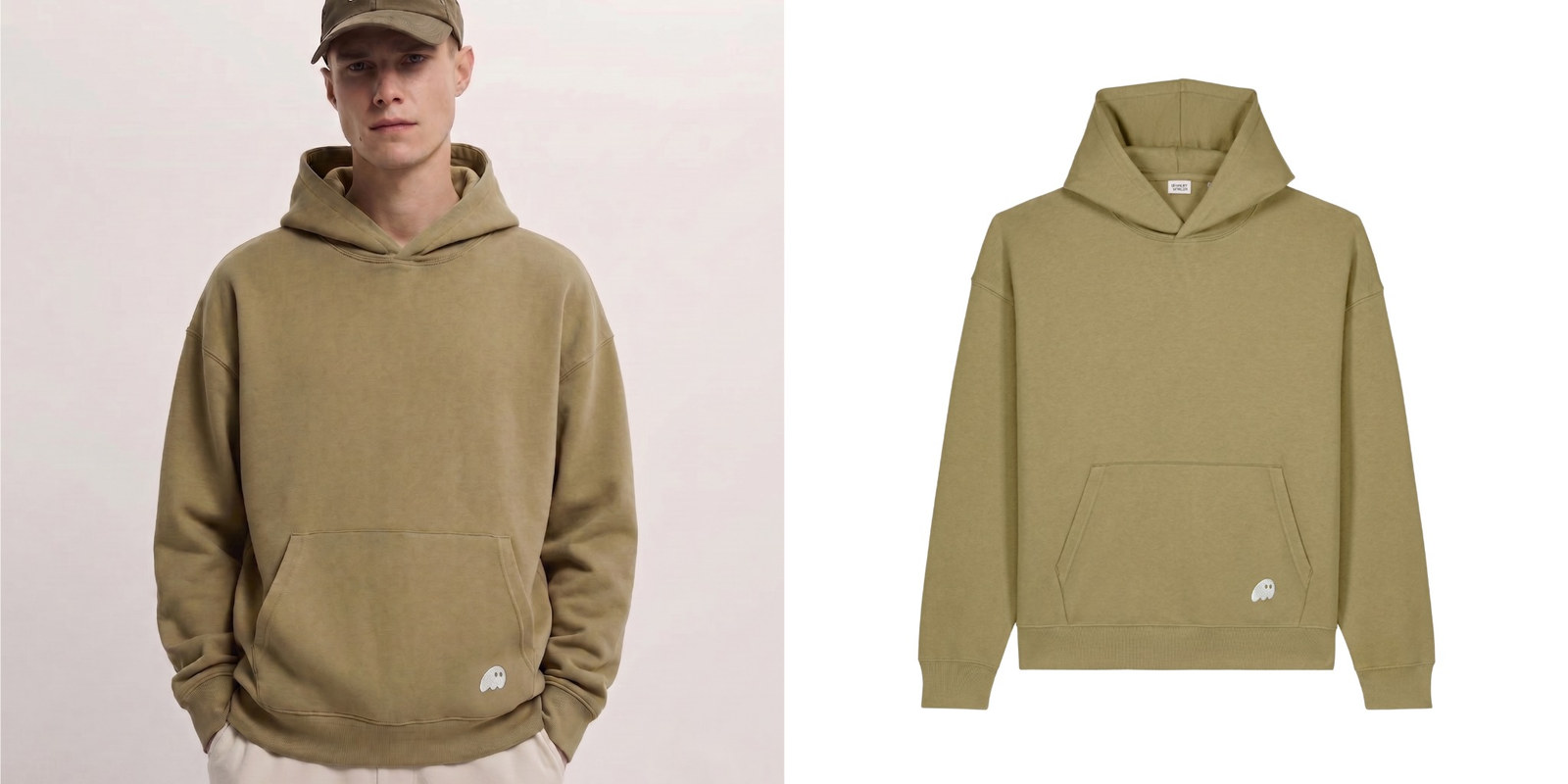 Stanley/Stella olive green pullover hoodie shown on a male model and in a standalone product view.