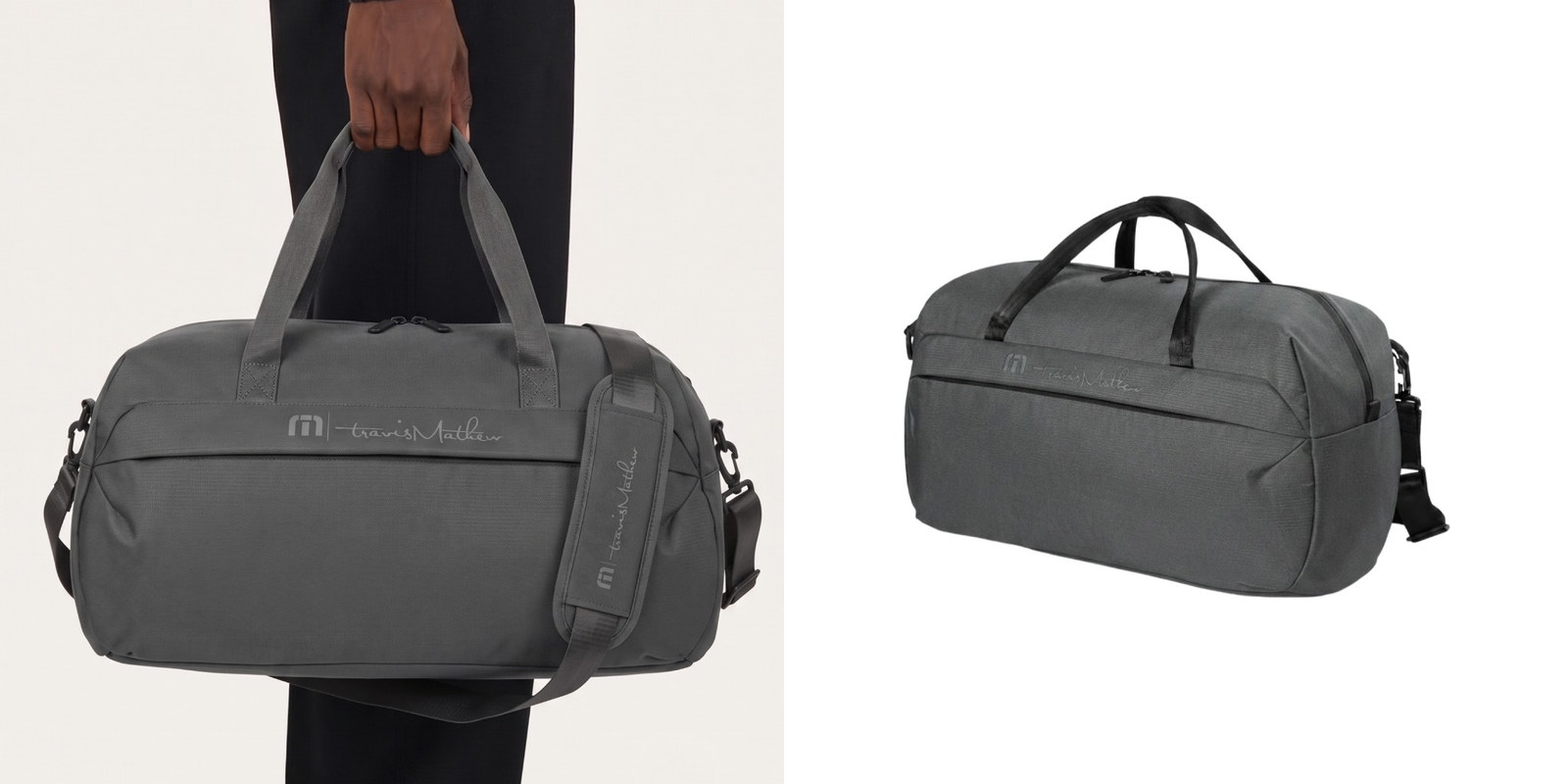Gray TravisMathew Lateral Duffel with shoulder strap, shown being carried and in a standalone product view.