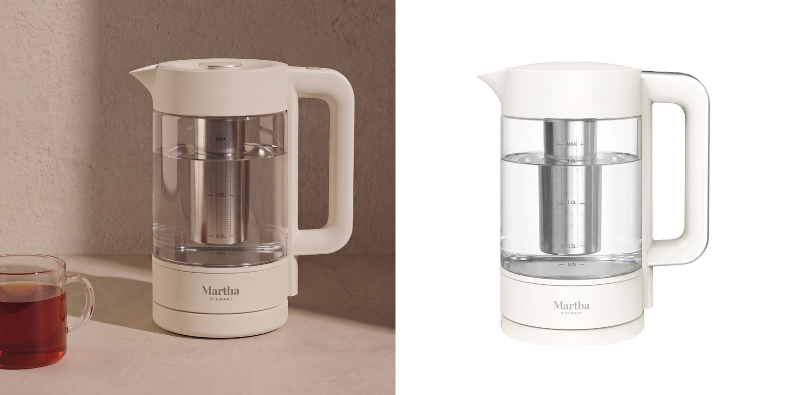 Martha Stewart glass electric tea kettle with infuser, shown brewing tea and in a standalone product view.