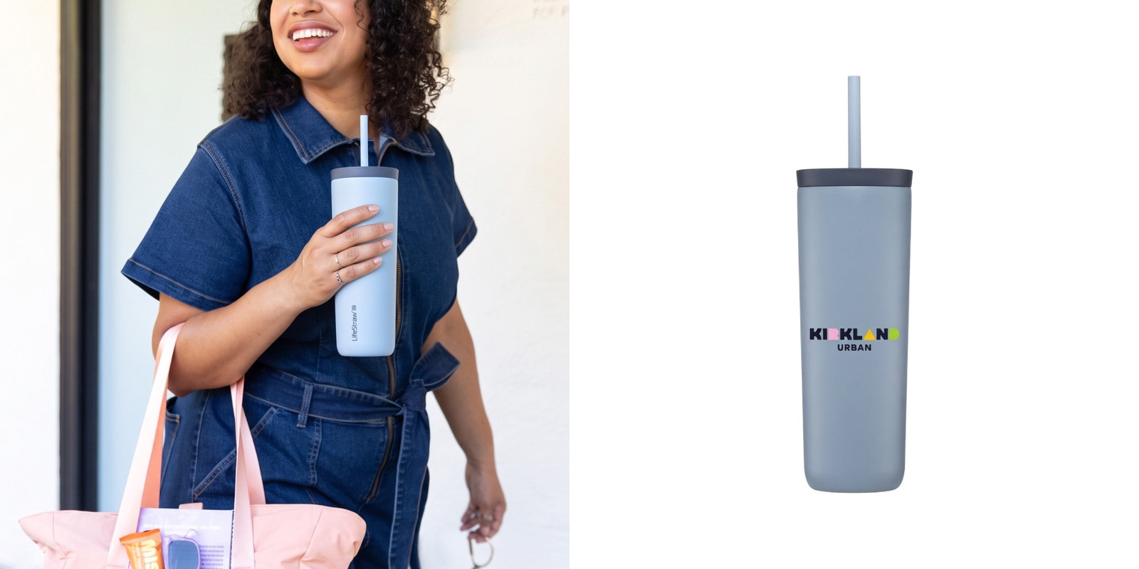 Woman carrying a blue LifeStraw tumbler with a straw, shown beside a customized product view.