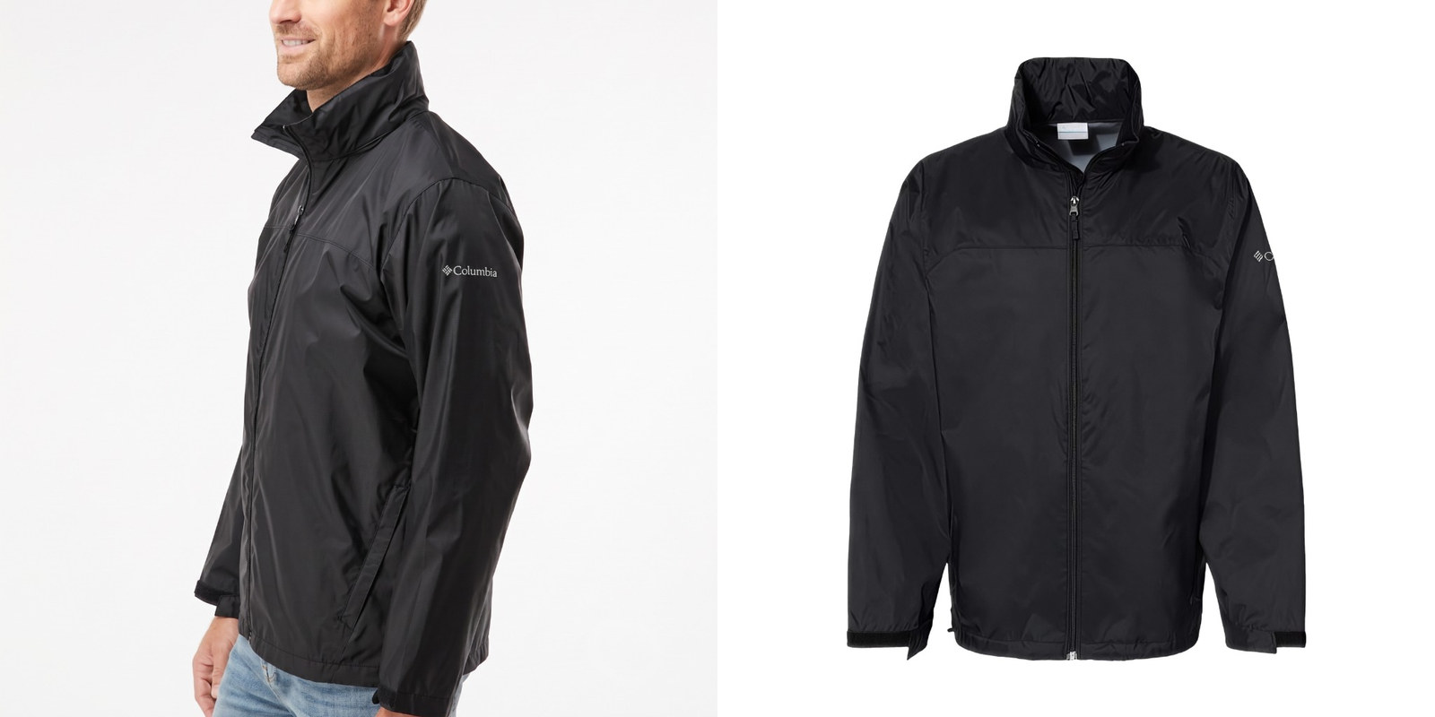 Columbia Men’s Glennaker black rain jacket shown on a male model and in a standalone product view.