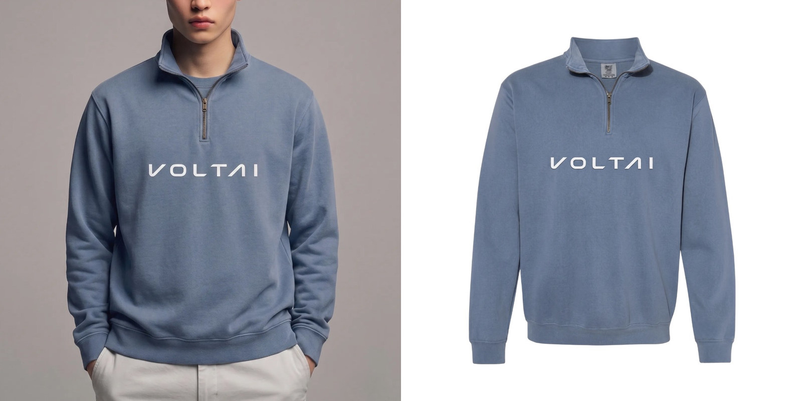 Comfort Colors unisex light blue quarter-zip sweatshirt customized with the VOLTAI logo, shown on a model and alone.