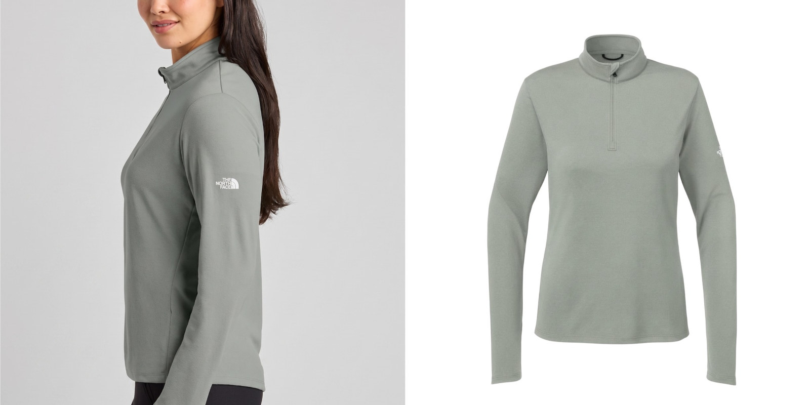 The North Face Women’s Ambition sage green quarter-zip pullover shown on a female model and in a product view.