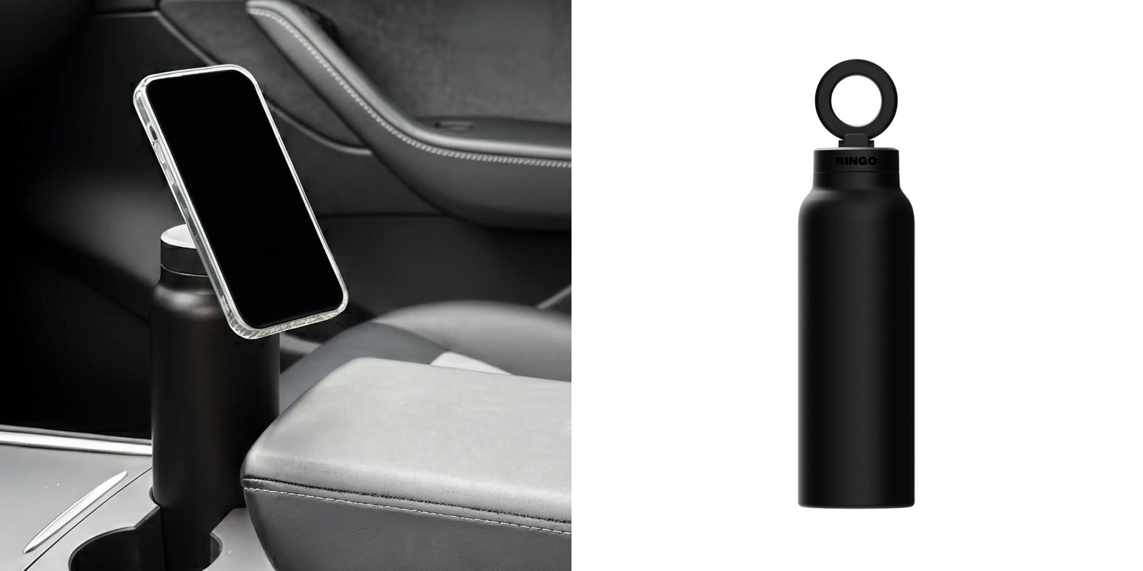 Black RingoPro bottle with a circular magnetic phone mount holding a smartphone in a car cup holder.
