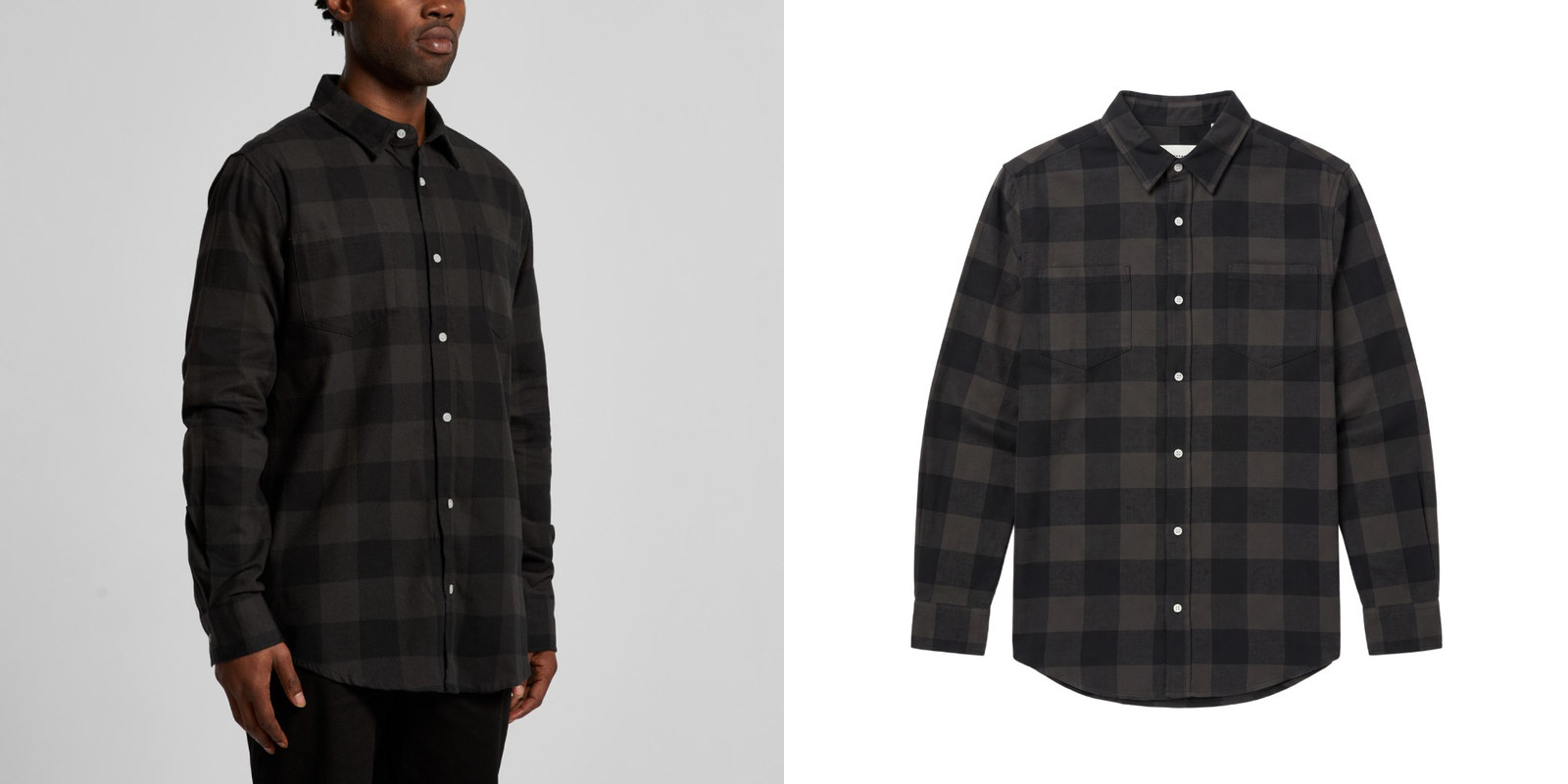 AS Colour black and charcoal check button-down shirt shown on a male model and in a standalone product view.