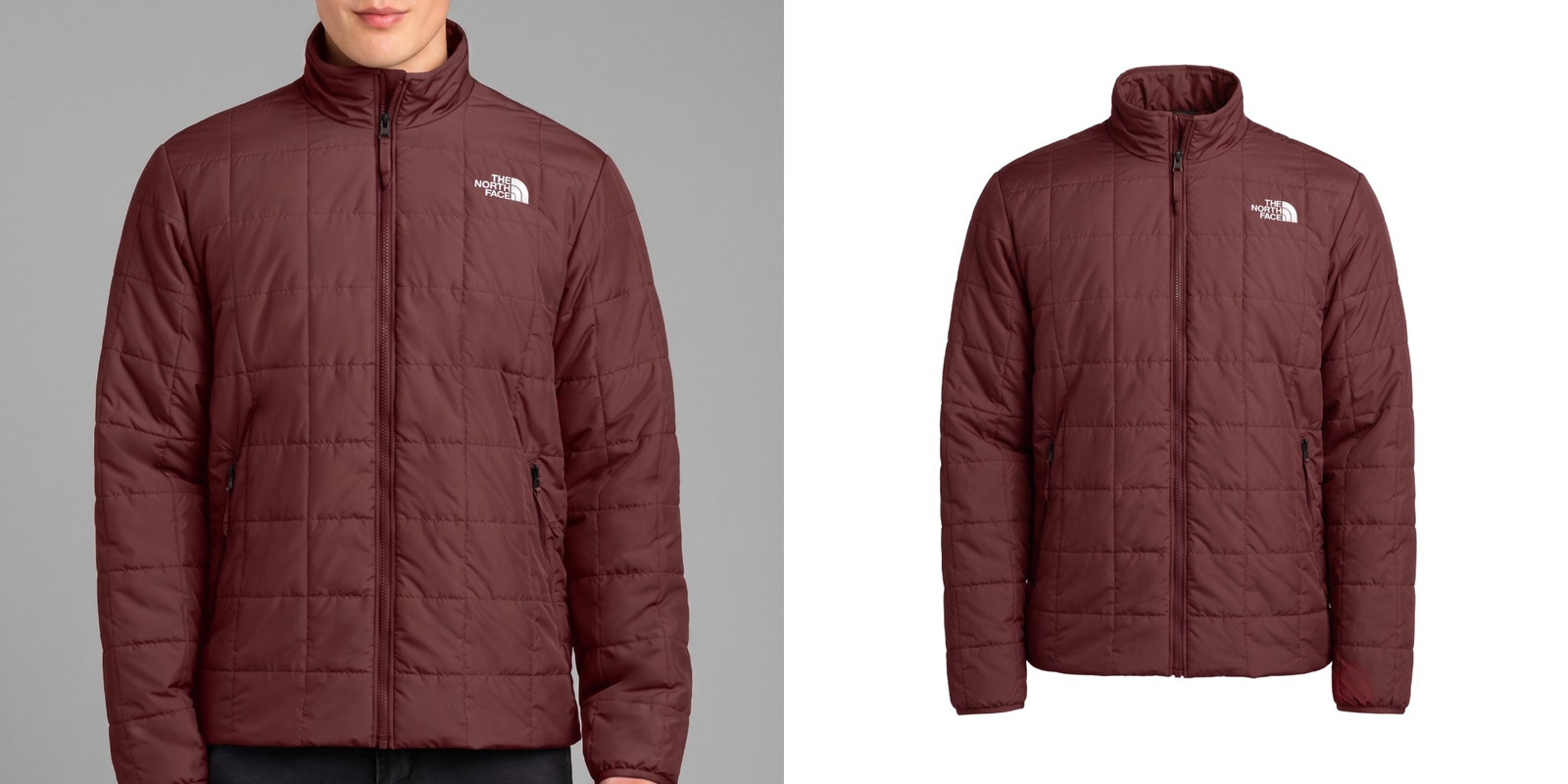 The North Face Iron Drift burgundy insulated jacket shown on a female model and in a standalone product view.