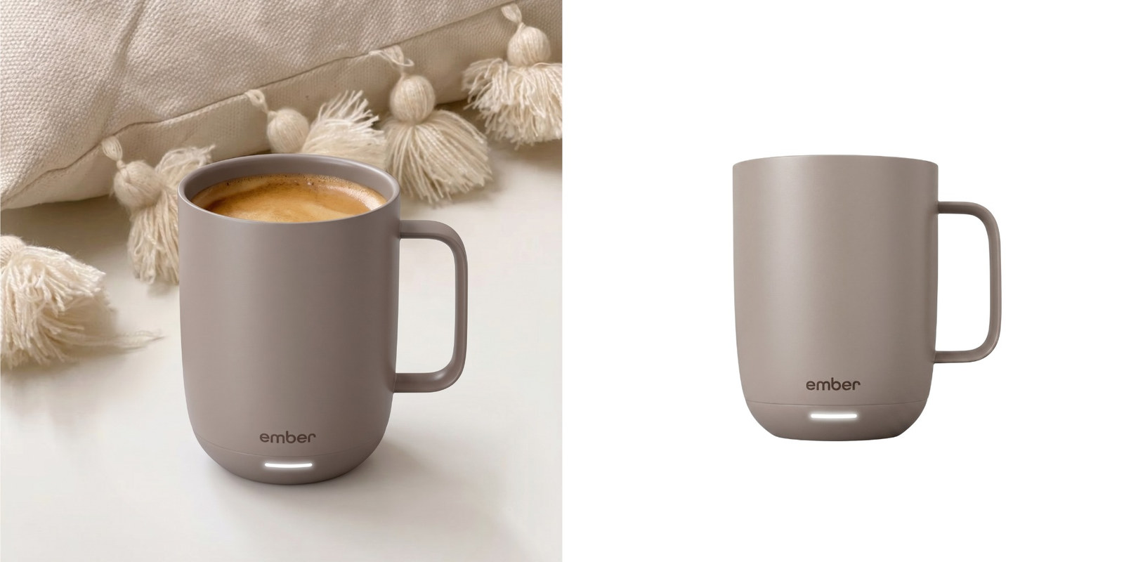 Taupe Ember temperature-control mug filled with coffee, shown in a lifestyle setting and a product view.