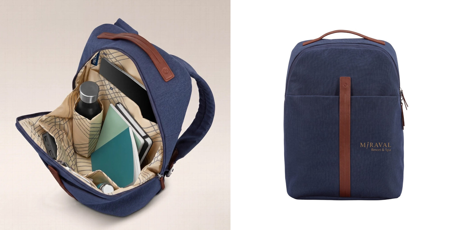Navy Samsonite Virtuosa backpack with brown accents, shown open with work essentials and customized with the Miraval Resort & Spa logo.