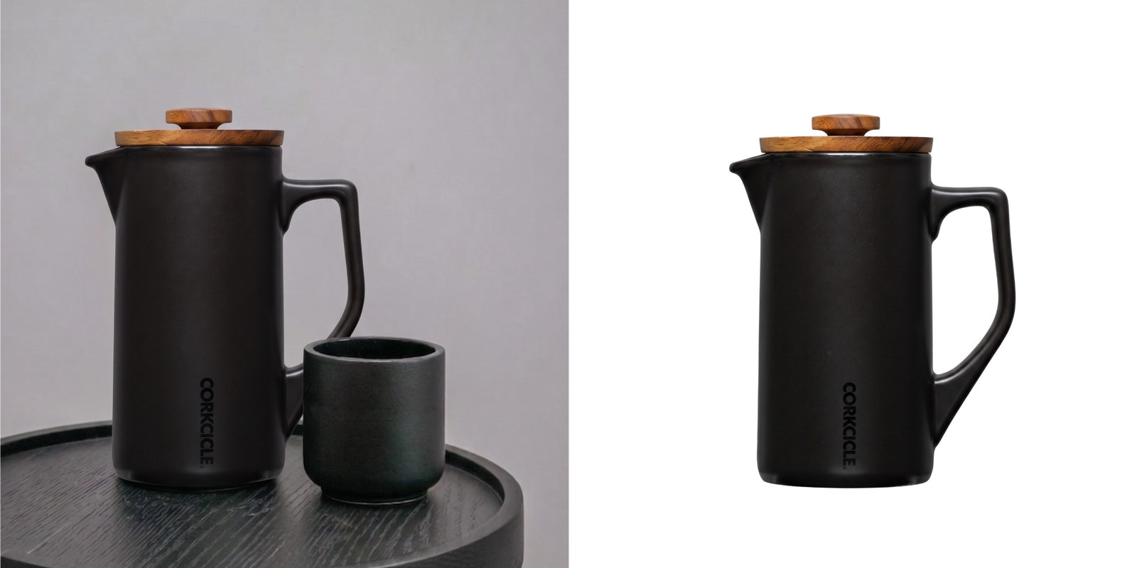 Black CORKCICLE coffee press with a wooden lid, shown beside a matching cup and in a standalone product view.