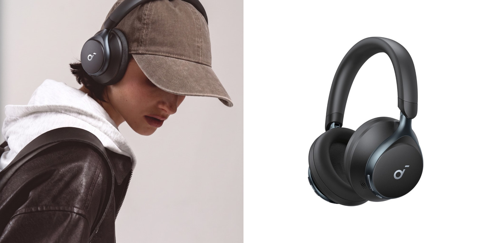 Black Anker Soundcore over-ear headphones shown on a person and in a standalone product view.