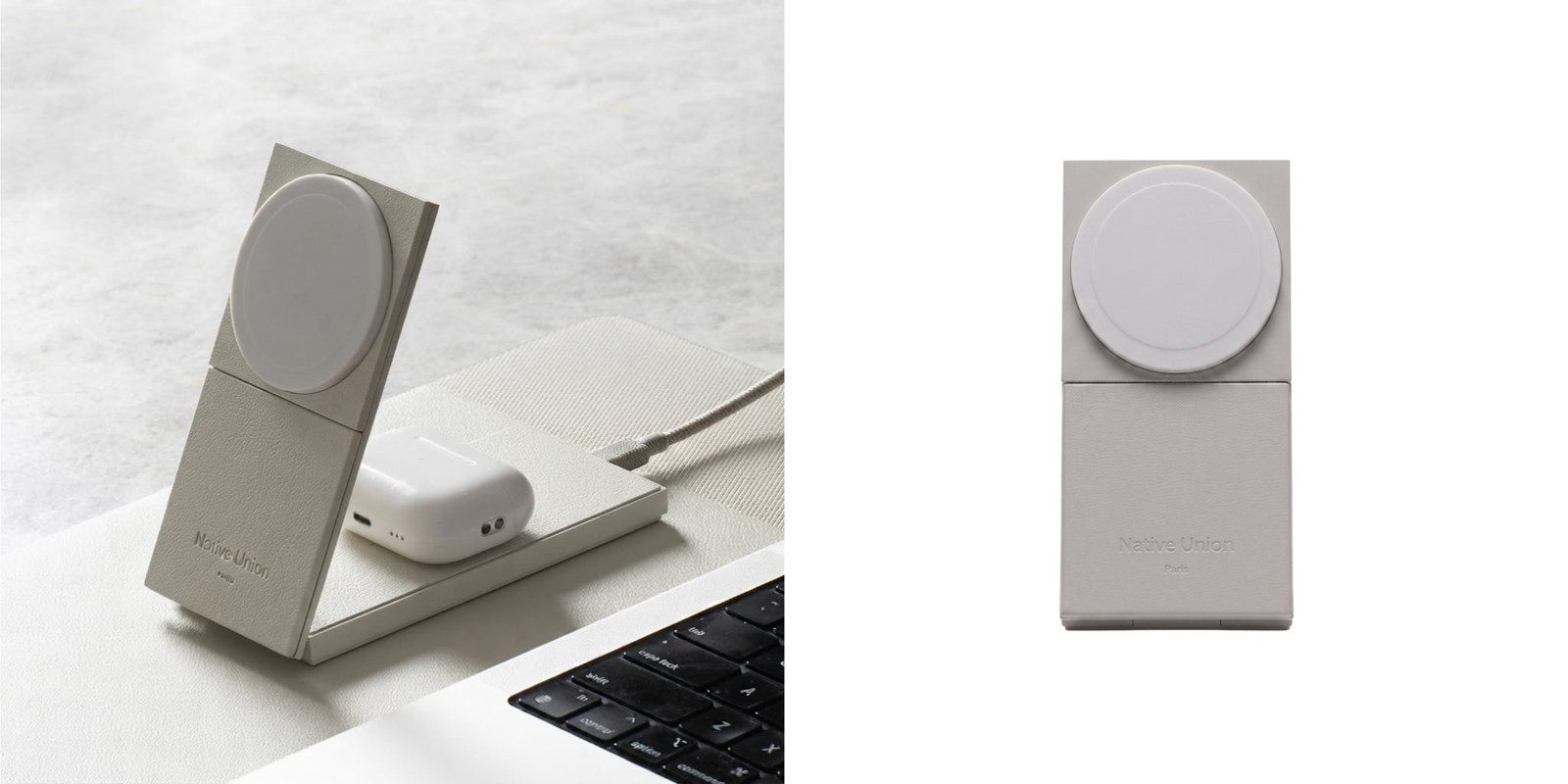 Native Union Rise 2-in-1 wireless charging stand shown on a desk beside a laptop and wireless earbuds.