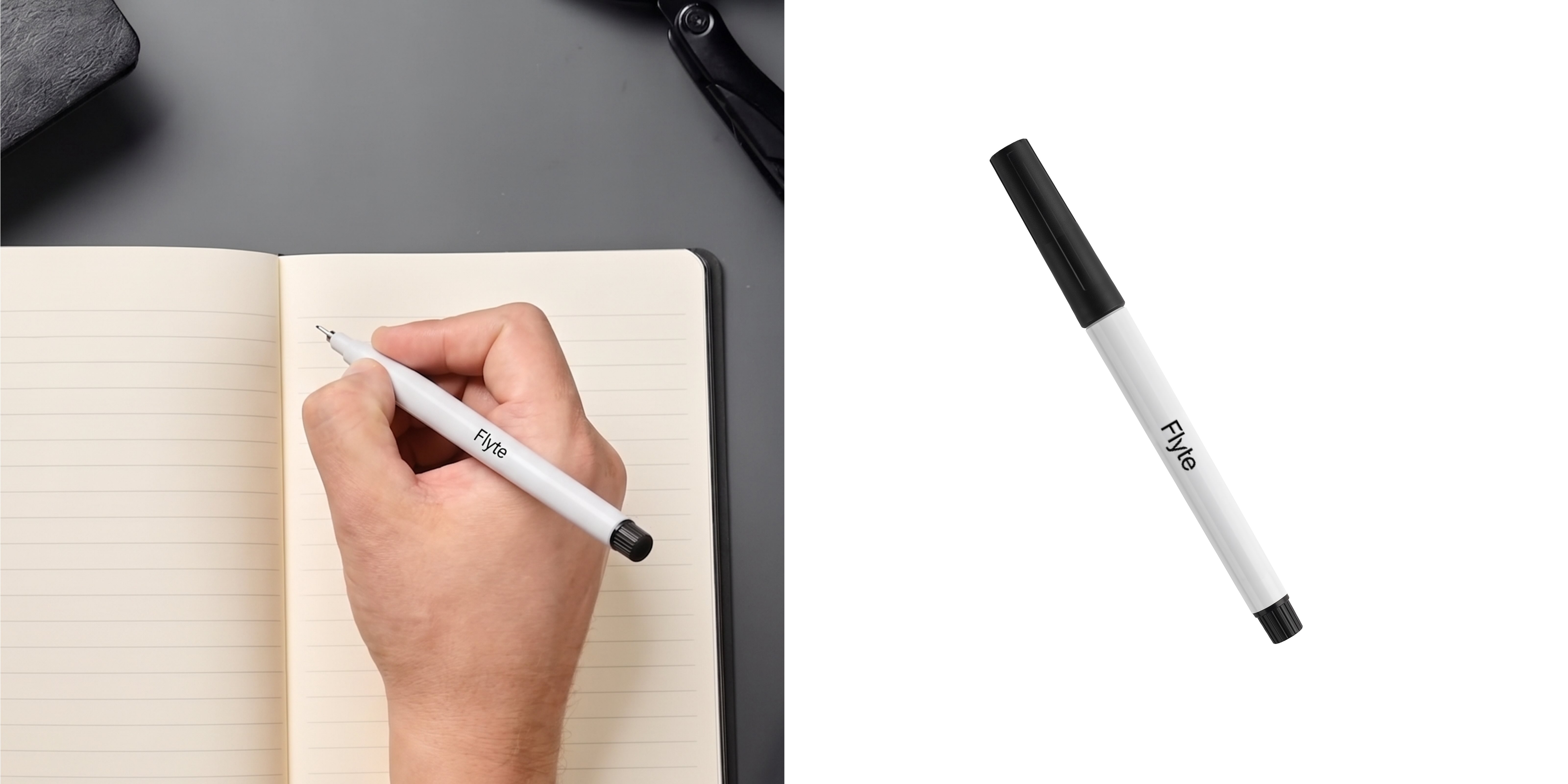 Person holding Sharpie marker with Flyte branding above notebook next to product image