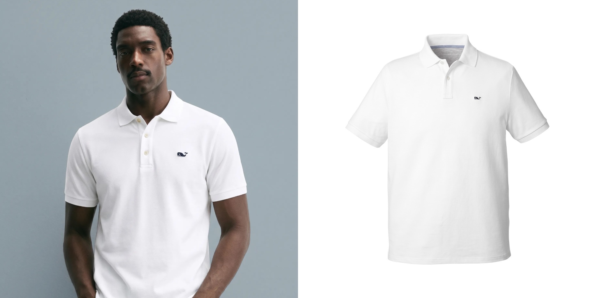 Vineyard Vines Men’s Edgartown Pique Polo in white, shown on a model and in a product view.