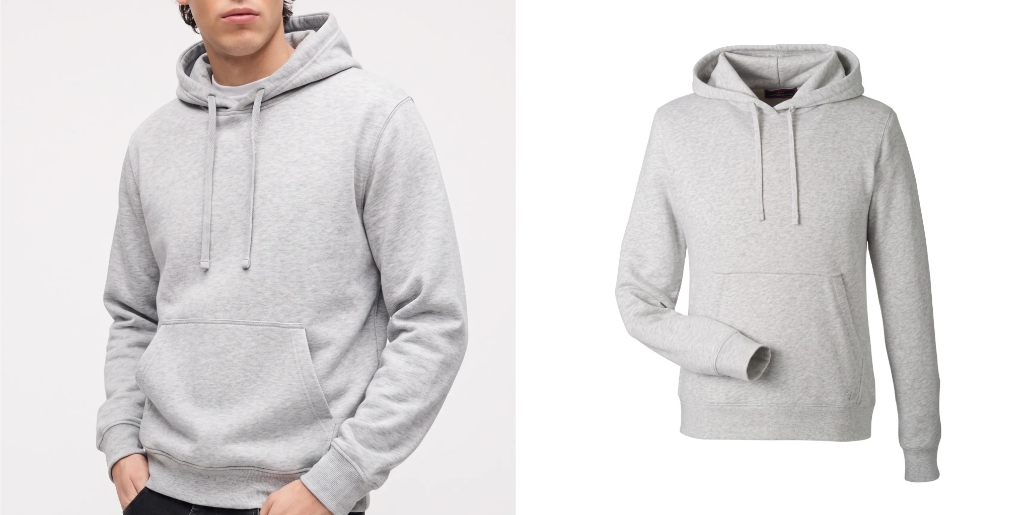 Vineyard Vines unisex hooded sweatshirt in light gray, shown on a model and in a product view.