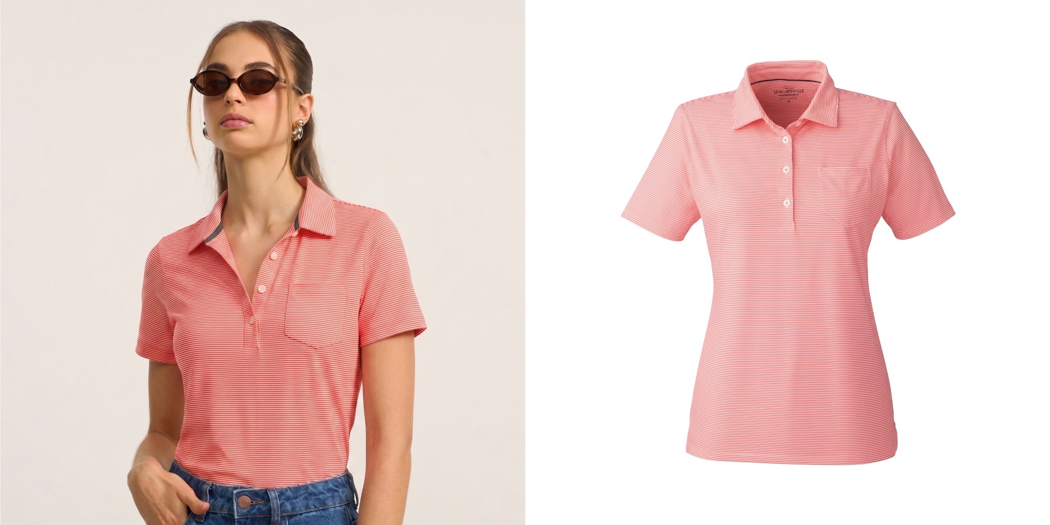 Vineyard Vines women’s striped polo in coral, shown on a model and in a product view.