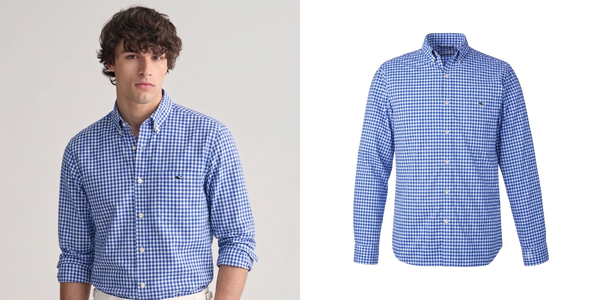 Vineyard Vines men’s blue gingham button-down shirt, shown on a model and in a product view.