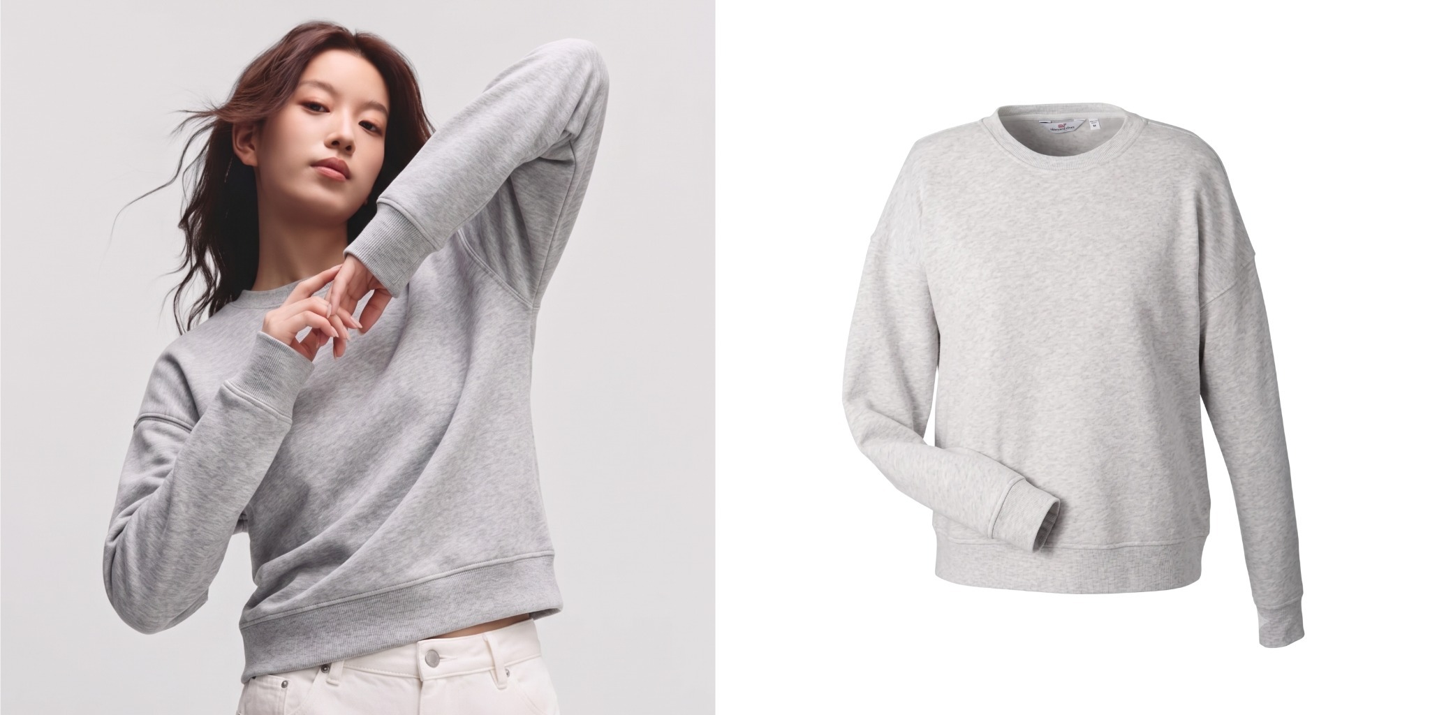 Vineyard Vines women’s garment-dyed crewneck sweatshirt in light gray.