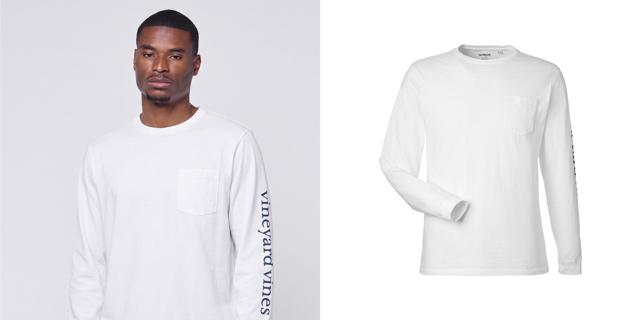 Vineyard Vines men’s white long-sleeve pocket T-shirt with navy sleeve branding.