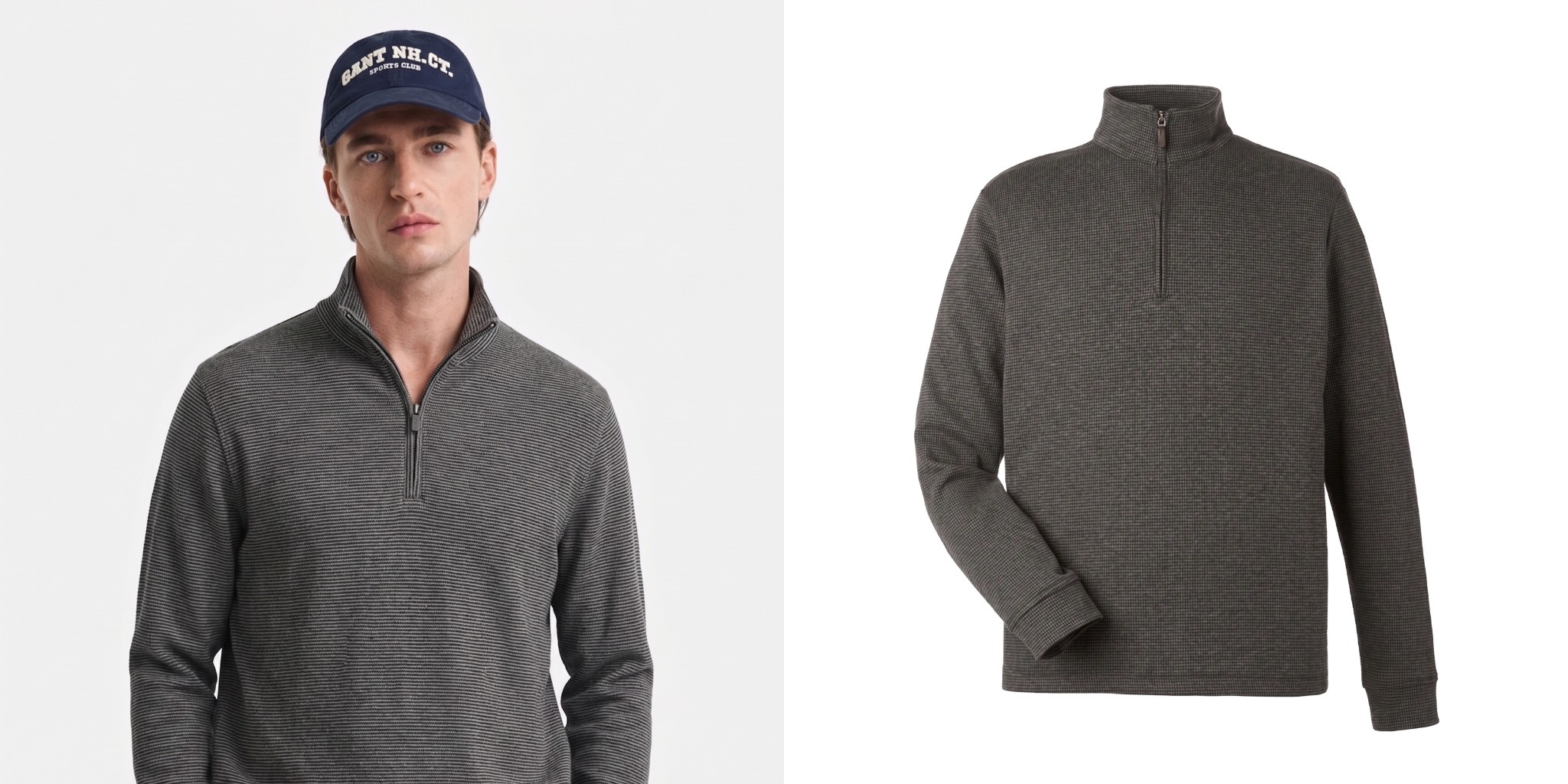 Vineyard Vines Bluffs Quarter Zip in charcoal gray, shown on a model and in a product view.