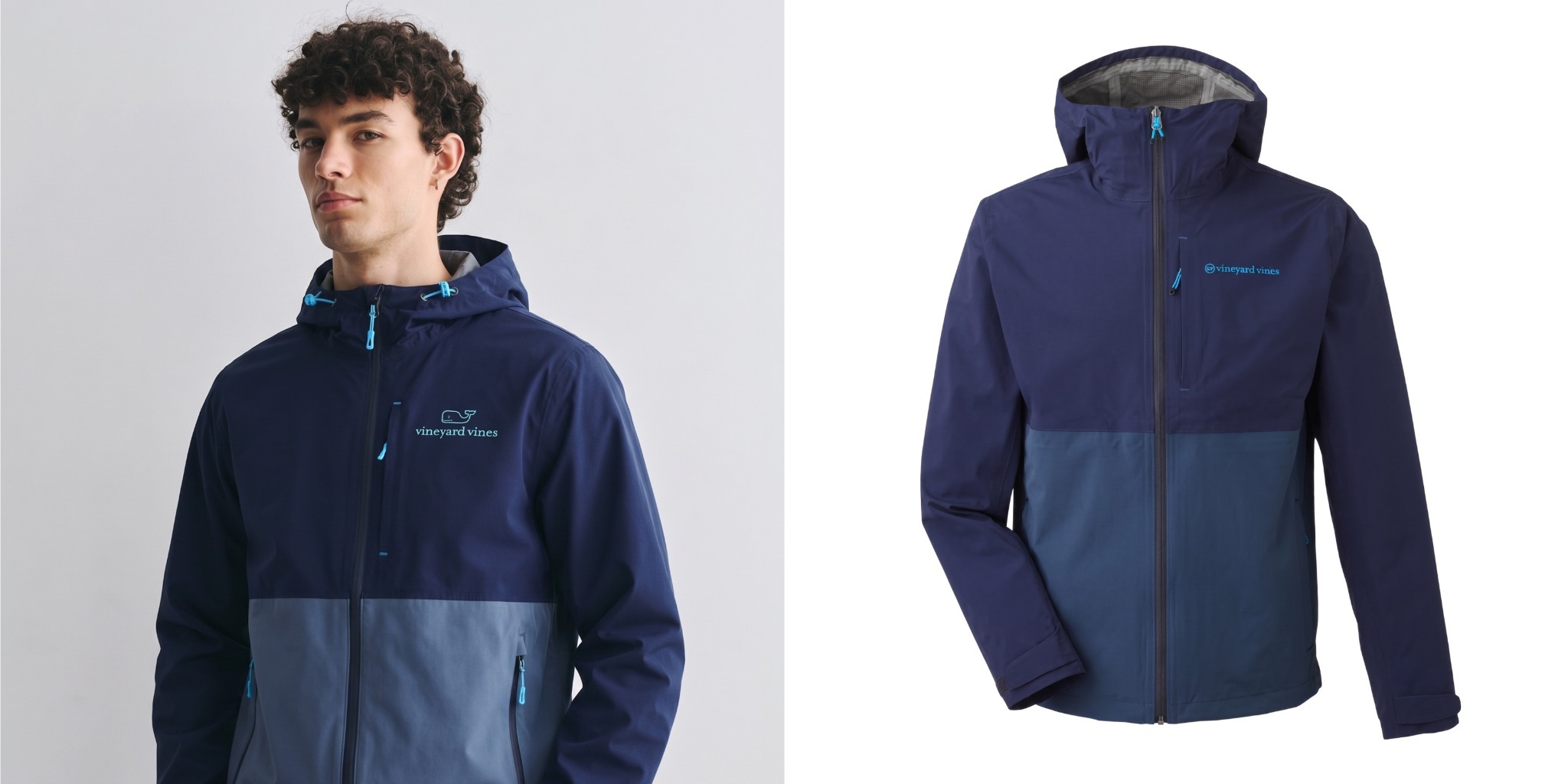 Vineyard Vines On-The-Go Packable Rain Shell in navy and blue, shown on a model and in a product view.