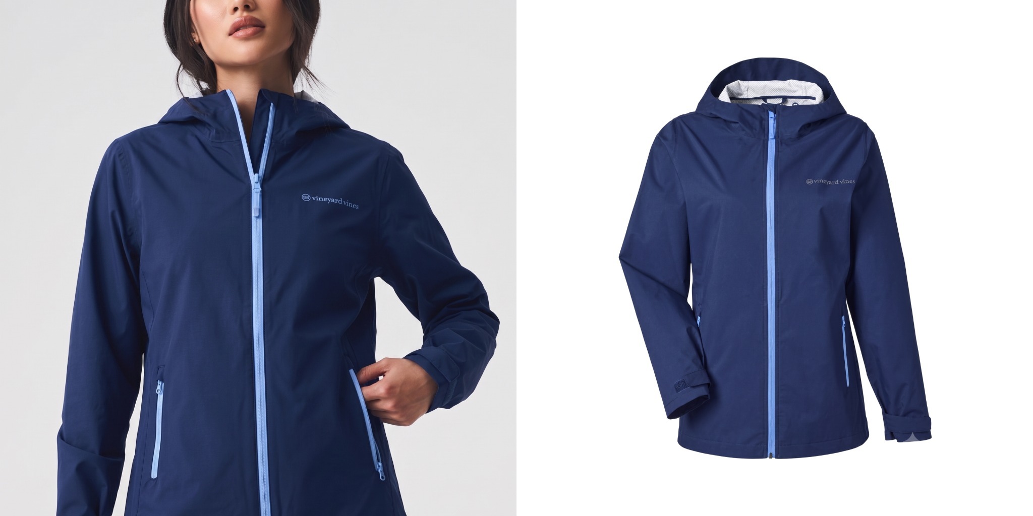 Vineyard Vines women’s rain shell jacket in navy with light blue zipper details.