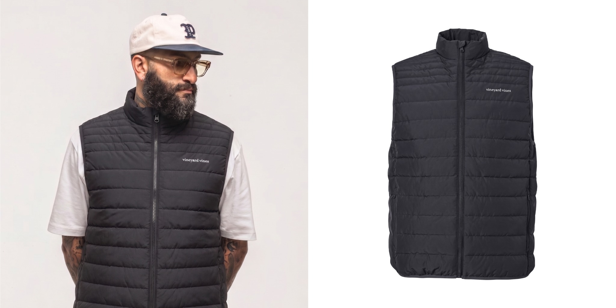 Vineyard Vines Men’s Mountain Weekend Vest in black, shown on a model and in a product view.