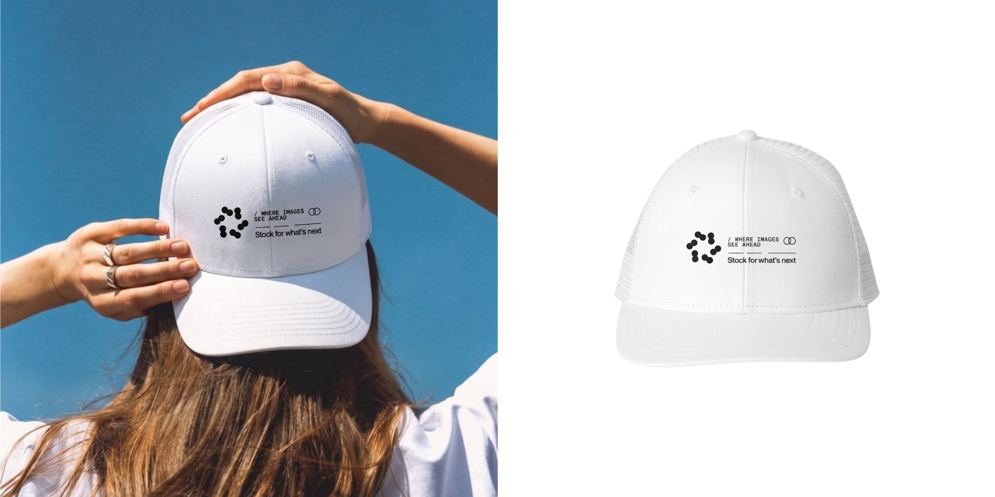 White performance trucker hat with a custom black logo, shown on a model and in a product view.