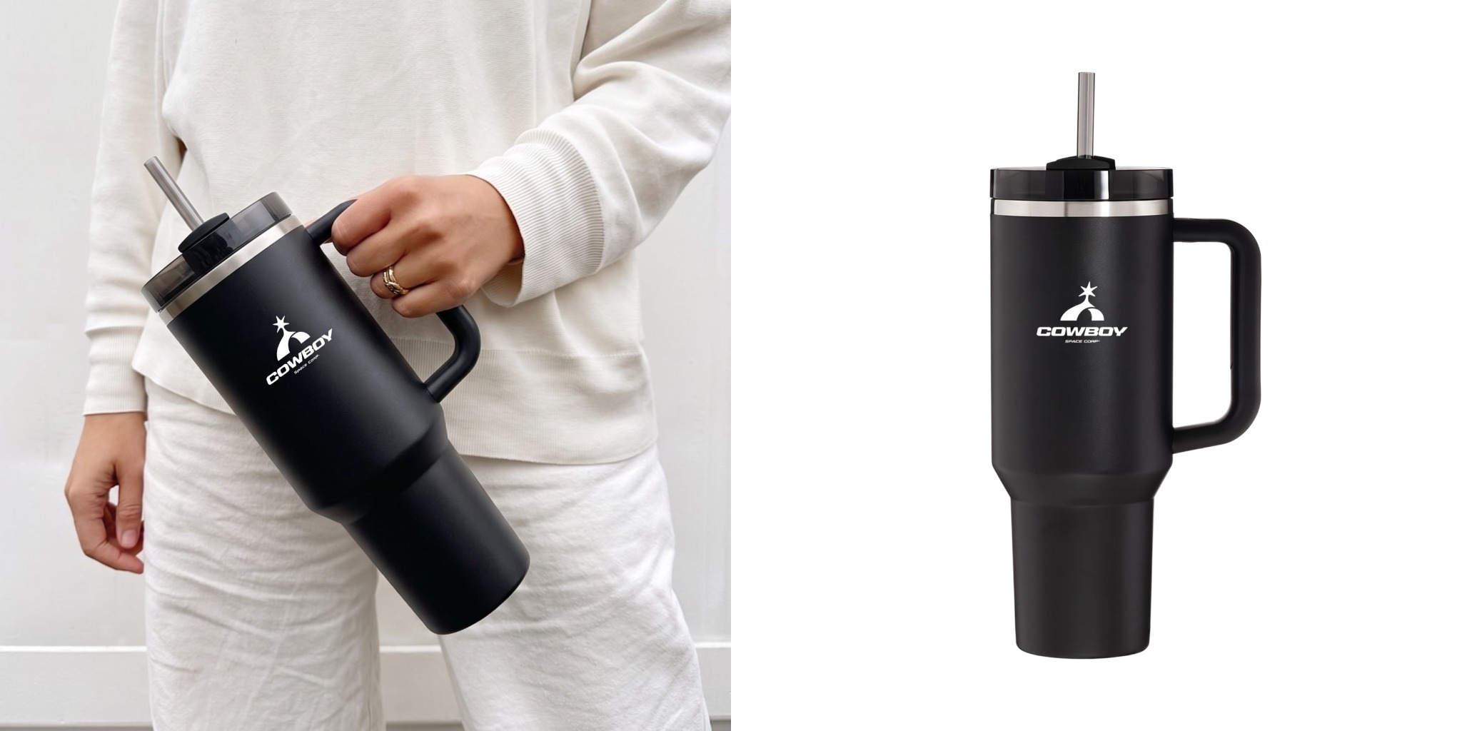 Custom black 40 oz handled tumbler with straw and white company logo