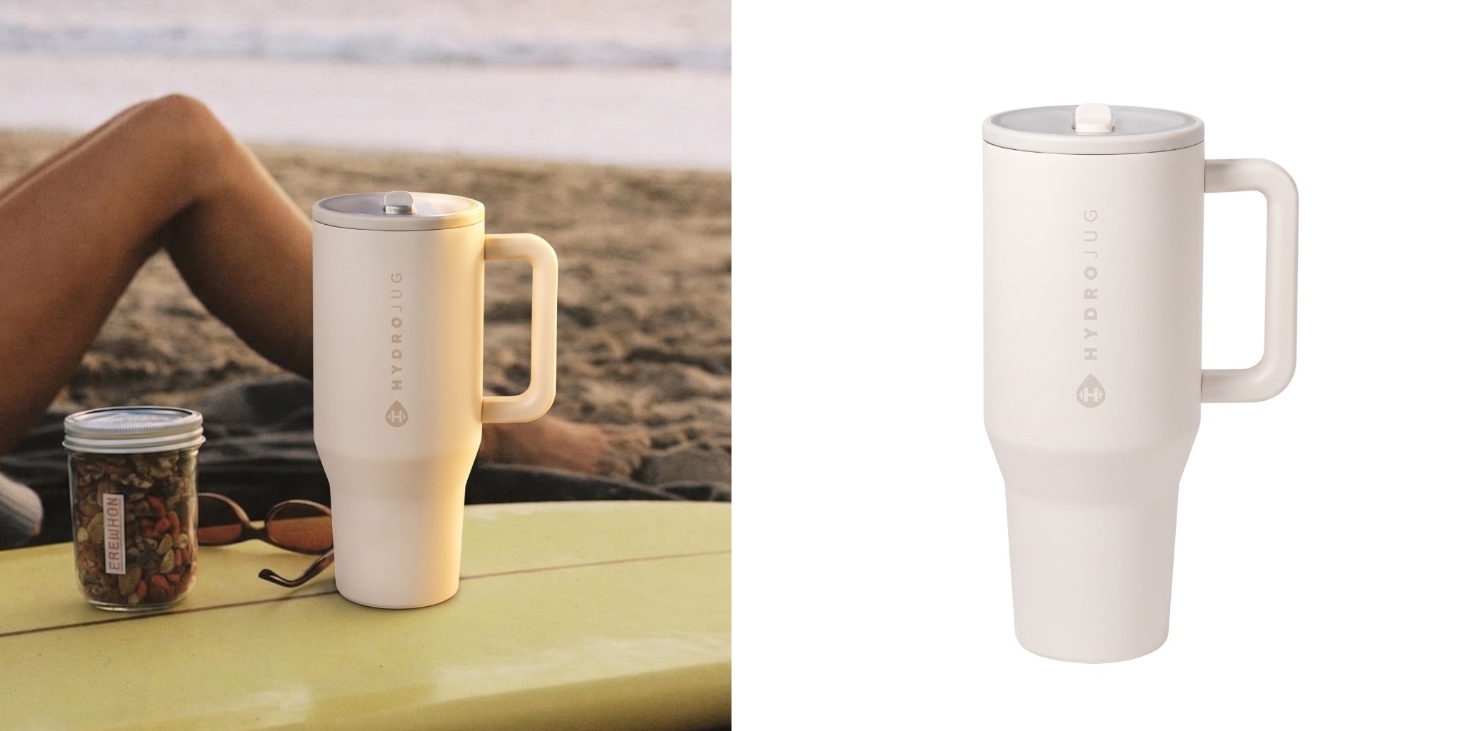 Cream HydroJug handled tumbler with straw for beach hydration