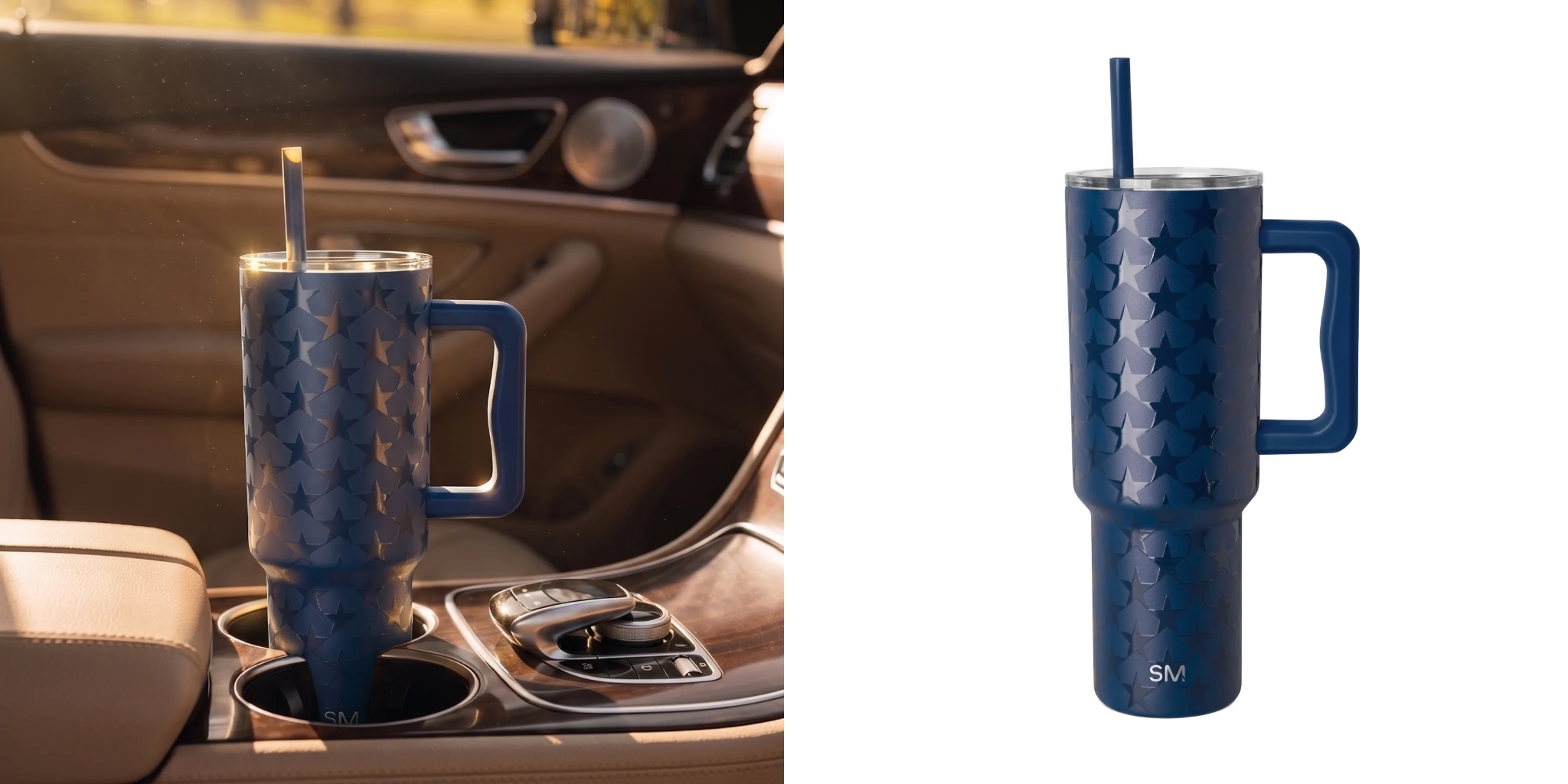 Blue Simple Modern handled tumbler with straw and star pattern