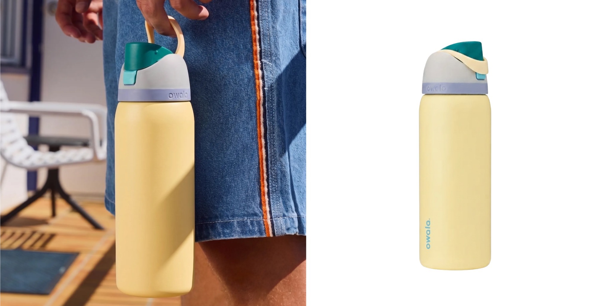 Yellow Owala FreeSip 32 oz water bottle with carry loop