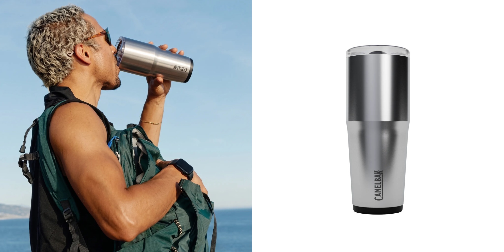 Model drinking from stainless steel CamelBak 30 oz tumbler next to product.
