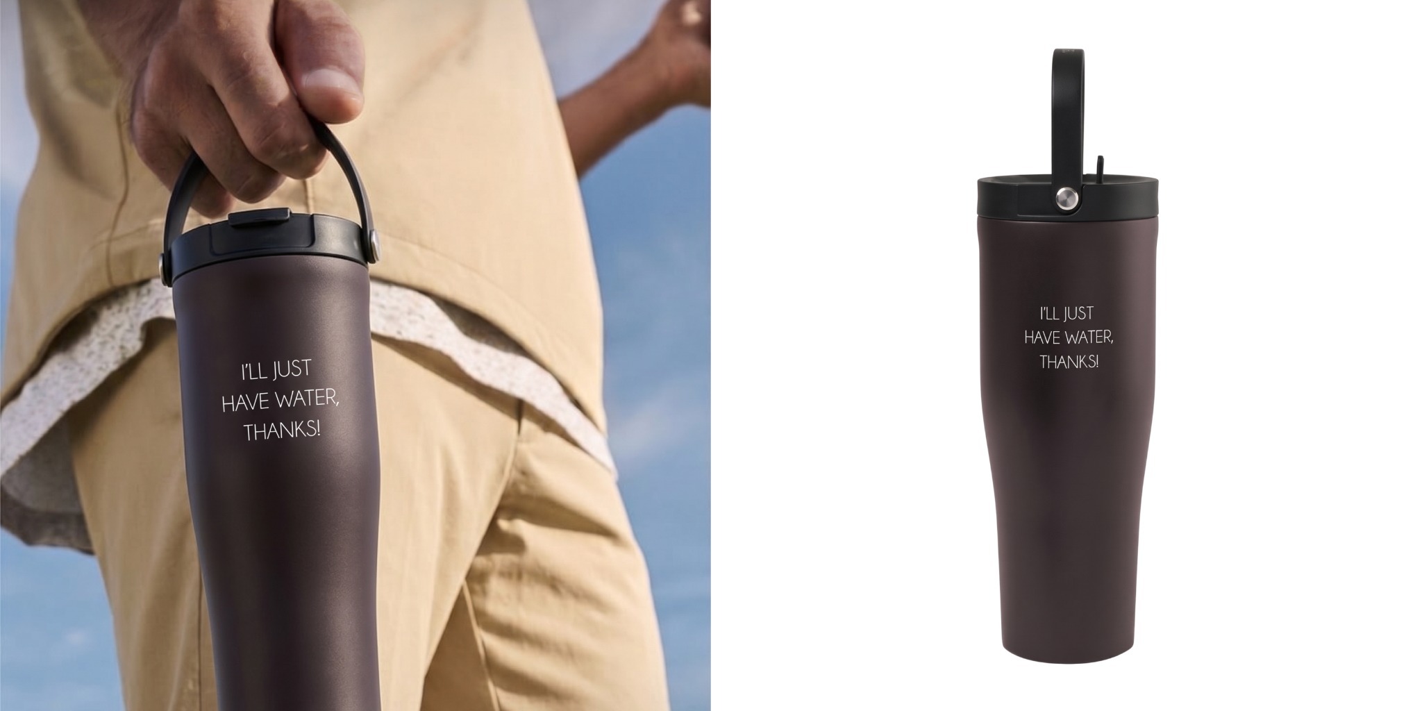 Model carrying custom dark brown Corkcicle tumbler next to product.