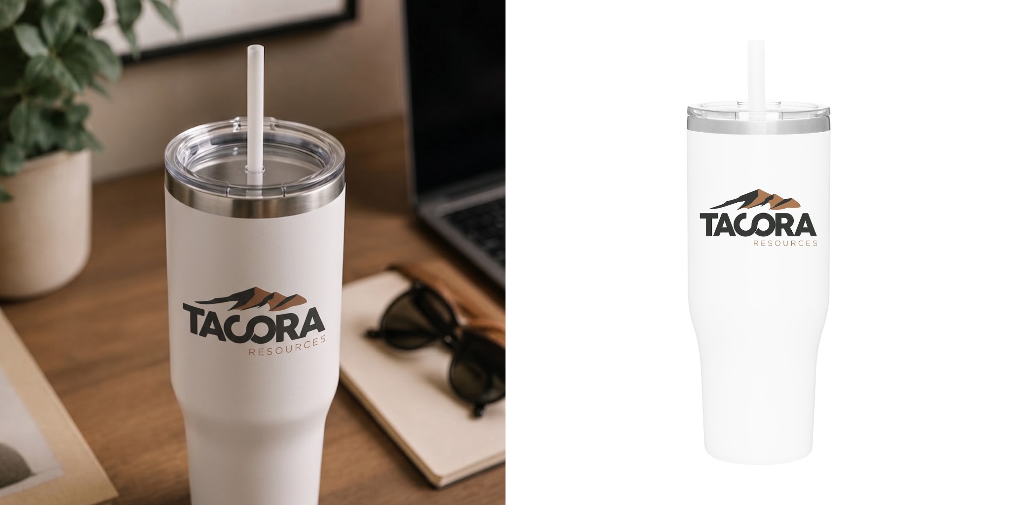 Custom Tacora white Elias 40 oz handled tumbler with straw and logo on desk next to product