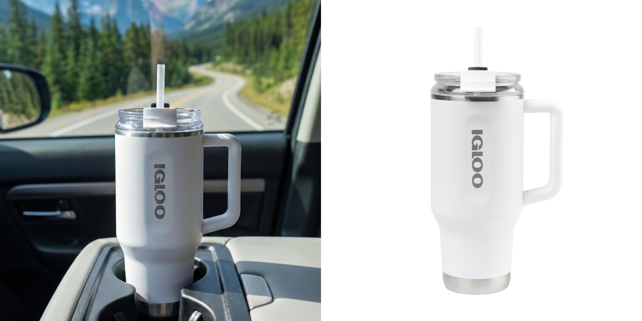 Custom Igloo tumbler with handle and straw in a vehicle cupholder next to product.
