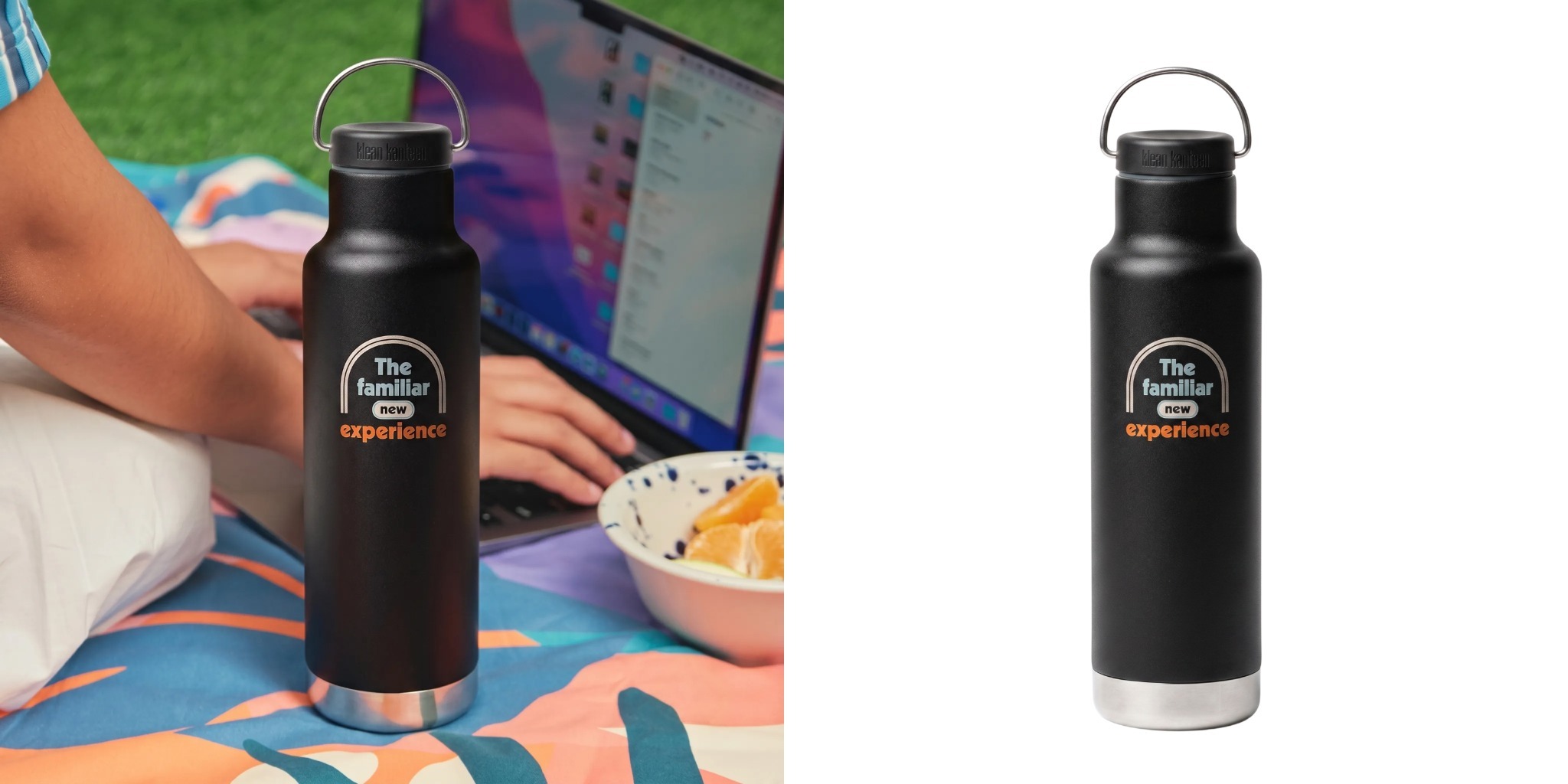 Custom black Klean Kanteen 20 oz insulated bottle with printed logo on picnic blanket next to product